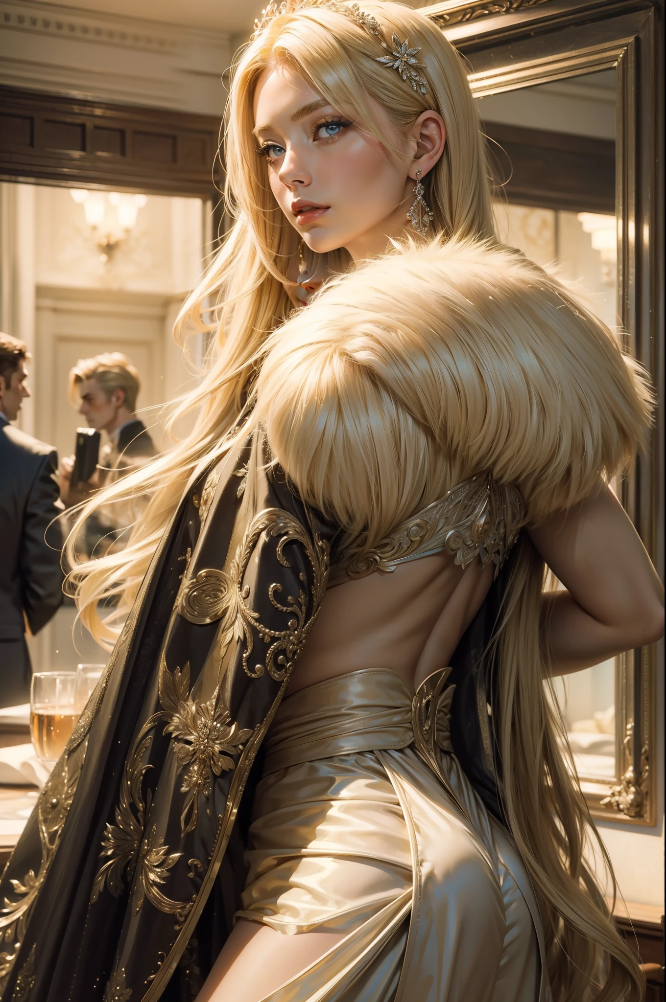 (masterpiece, ultra detailed), a blonde woman ((looking at an elegant masculine man)),