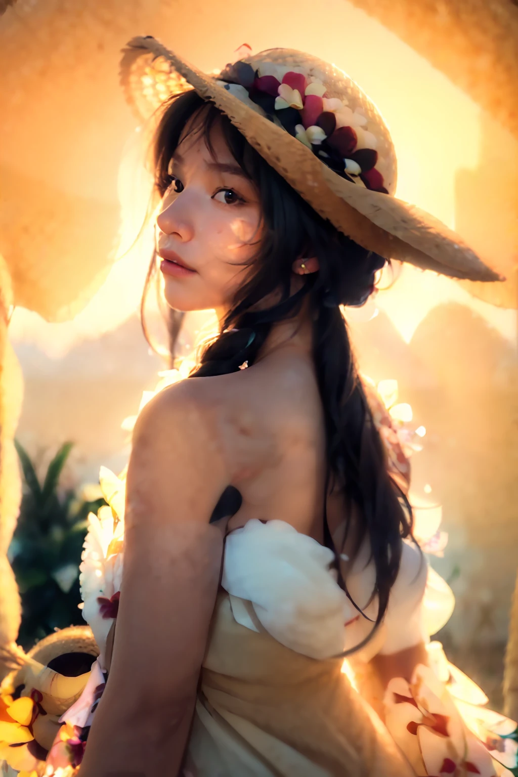 (extreme close up:1.5), (face focus:2),(Style of ???? ???:1.5),
((side face:2)),(1girl surrounded by soft_light:1.5), (backlighting:1.8), (lighting),(flowing fabric:1.3), ((Floral_summer_dress:1.5),(Straw_hat:1.3)),
(masterpiece), realistic, HDR, highly detailed, 8k, raw photo,
ambient occlusion, natural, harmonious composition, warm tones, fine art photography,