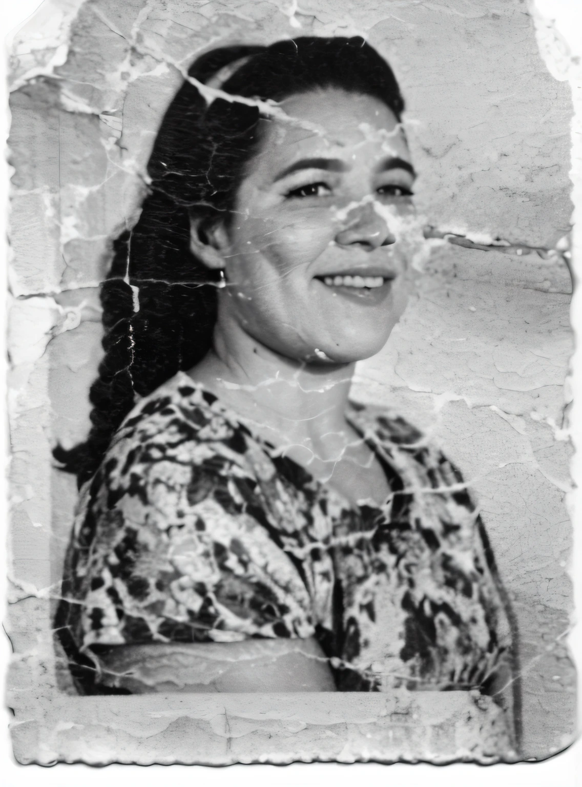 uma foto em preto e branco de uma mulher com um sorriso no rosto, Magda Torres Gurza, foto 1960, Retrato de meio corpo de Juliana, Fotografia dos anos 1950, foto granulada de uma mulher feia, inspired by Verónica Ruiz de Velasco, Foto de uma mulher, na casa dos 20 anos, foto granulada danificada