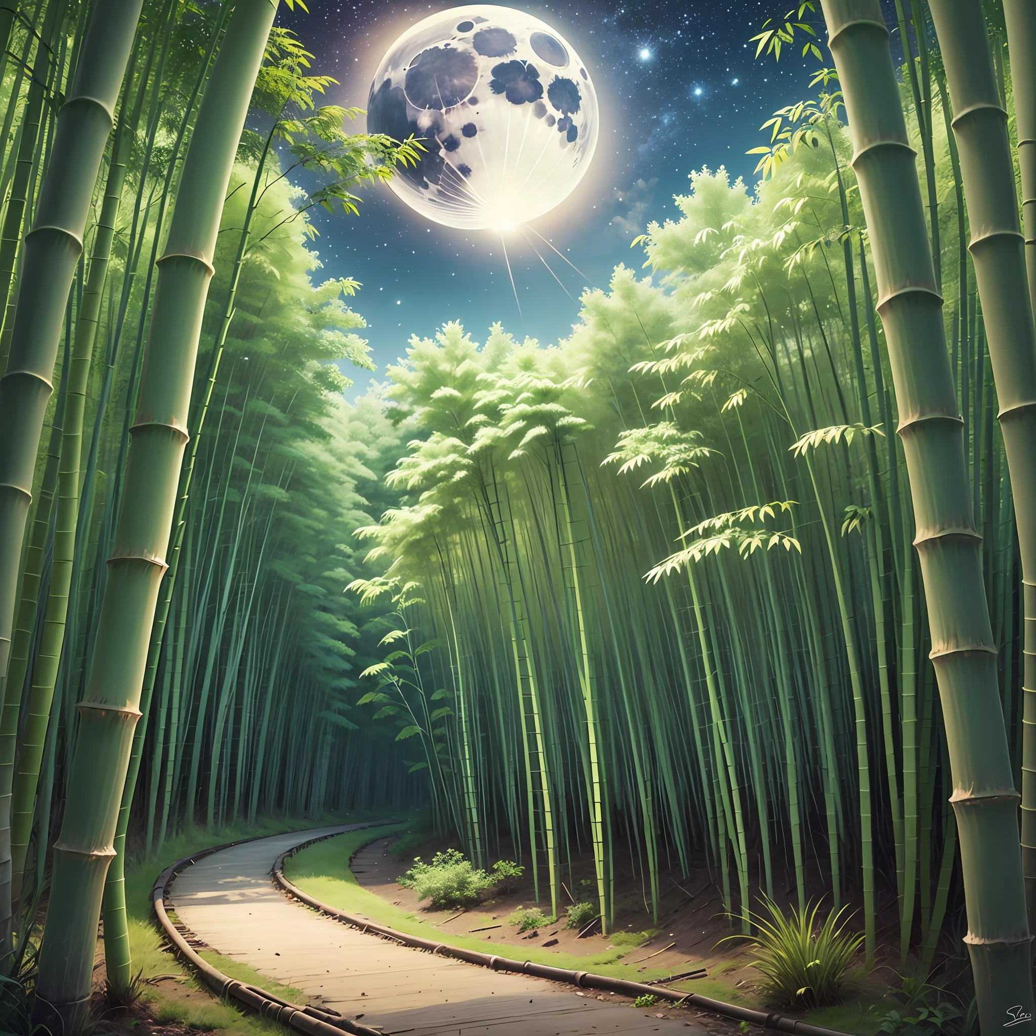 a path at the center of a bamboo forest,moonlight,ultra-detailed,realistic --auto --s2