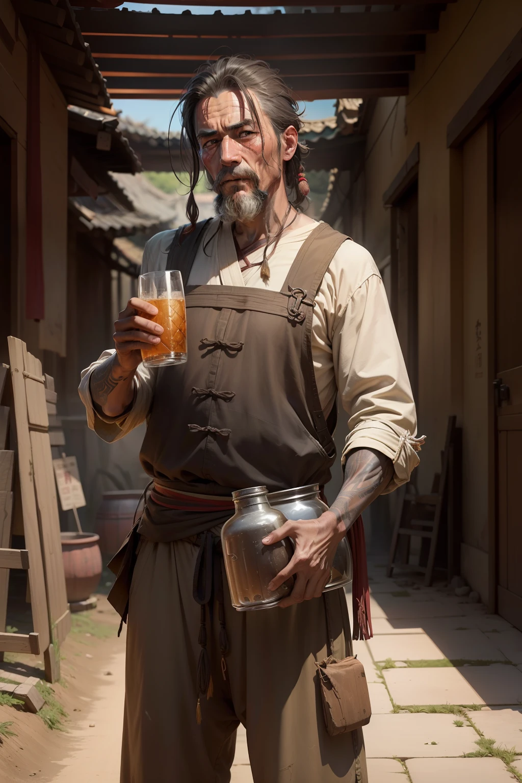 intoxicated, Alcoholic cultivator in a XianXia, Ancient setting, repulsive face, primitive savagery, character, good anatomy, male, clothed, Chinese homeless man, (Man is viciously drinking potent alcohol ), ancient chinese clothes