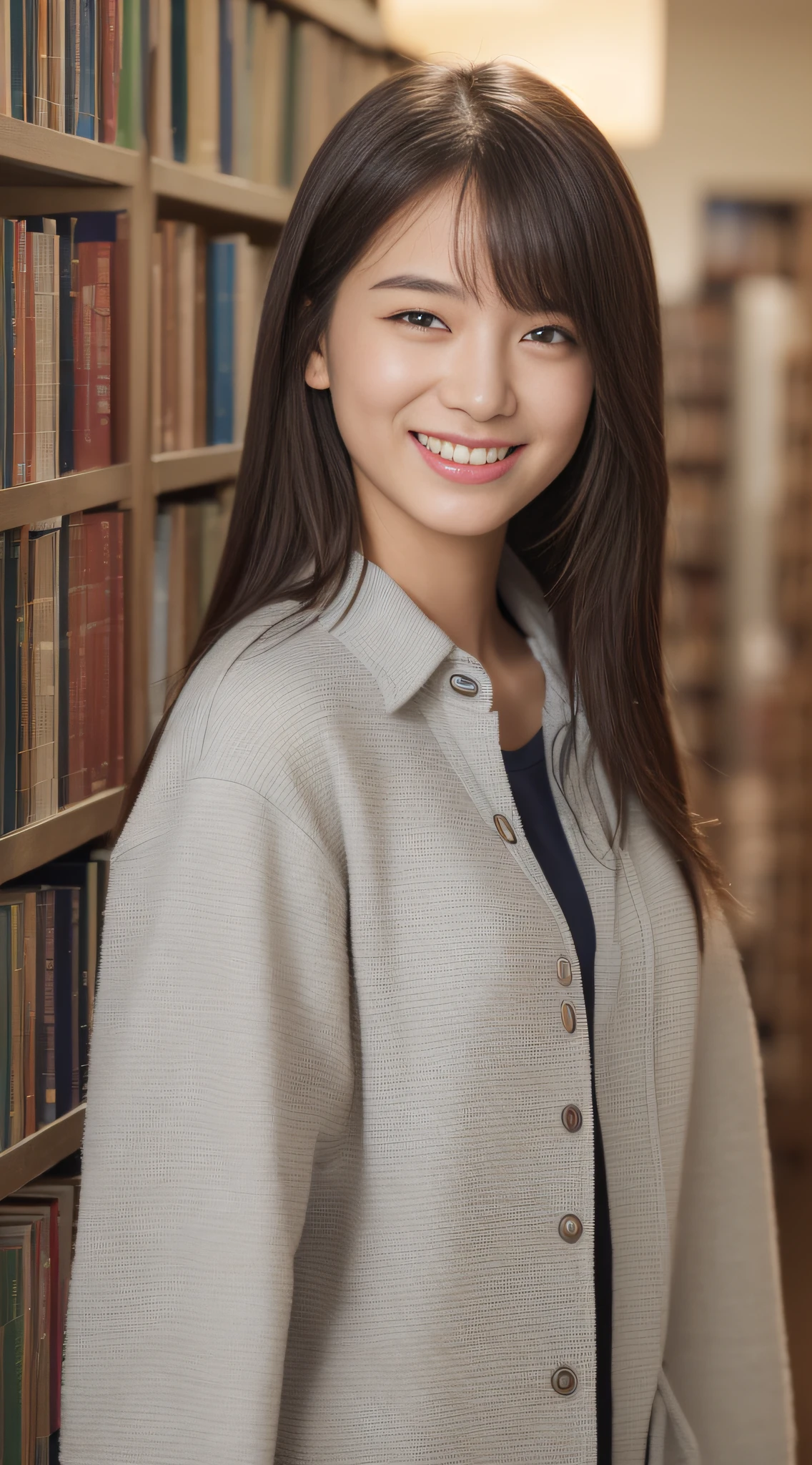 ((top-quality、8K、​masterpiece:1.3))、sharp:1.2、Perfect Body Beauty:1.4、Slim abs:1.2、Big、Beautiful face、A smile、((Female college student、Casual clothing:1.3))、(Library Background:1.2)、Straight hair、Highly detailed facial and skin texture、A detailed eye、Aspect of looking at the camera、portlate