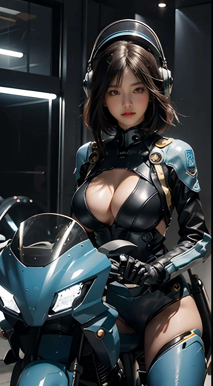 Highest image quality, outstanding details, ultra-high resolution, (realism: 1.4), the best illustration, favor details, highly condensed 1girl, with a delicate and beautiful face, gigantic boobs,sexy dressed in a black and blue mecha, wearing a mecha helmet, holding a directional controller, riding on a motorcycle, the background is a high-tech lighting scene of the future city.