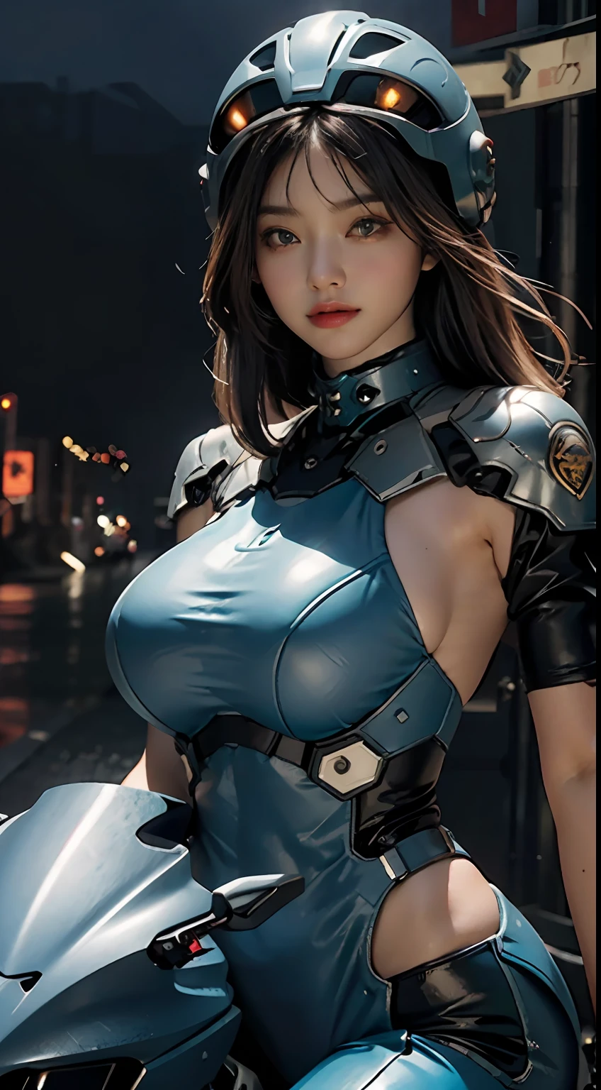 Highest image quality, outstanding details, ultra-high resolution, (realism: 1.4), the best illustration, favor details, highly condensed 1girl, with a delicate and beautiful face, gigantic boobs,sexy dressed in a black and blue mecha, wearing a mecha helmet, holding a directional controller, riding on a motorcycle, the background is a high-tech lighting scene of the future city.