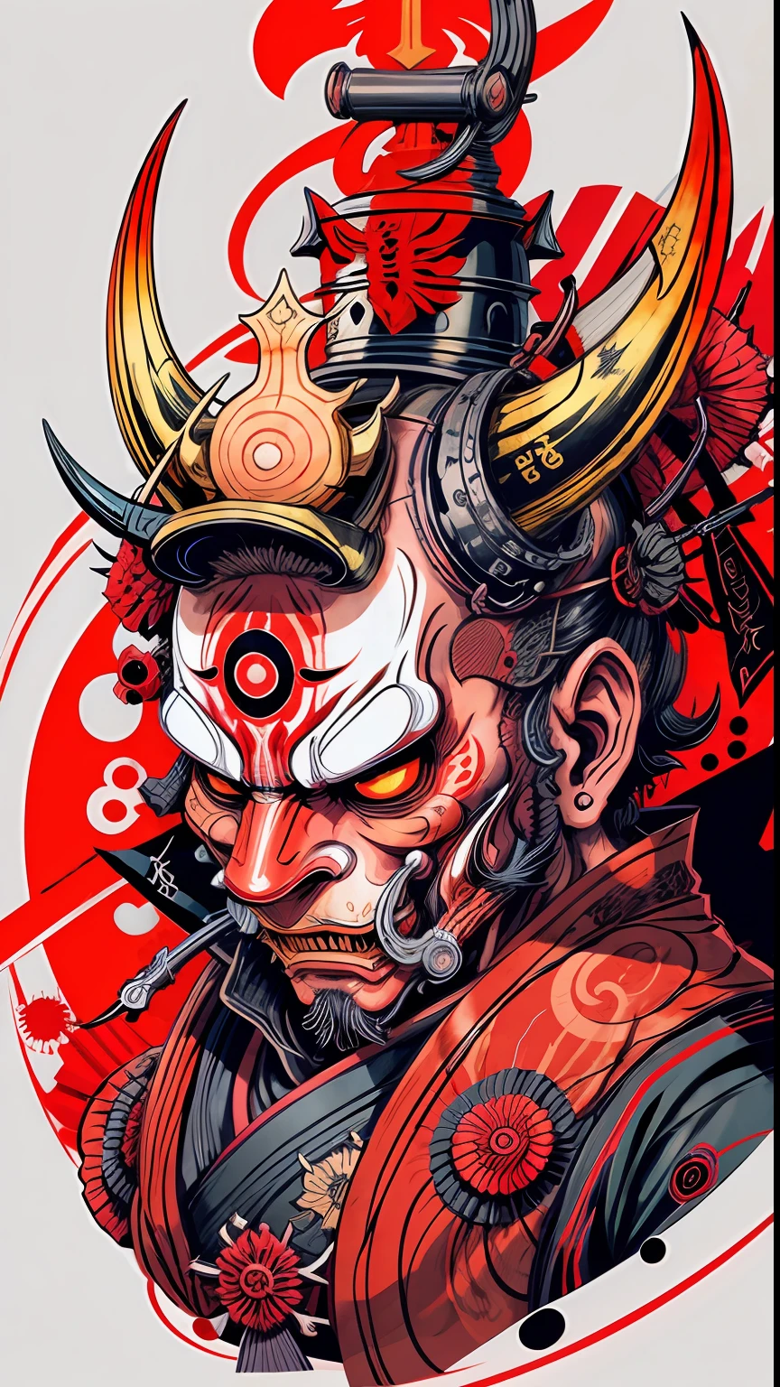 Hannya mask style of 0mib, illustrator, masterpiece, high quality, 8k, high resolution, high detailed, Japanese, samurai