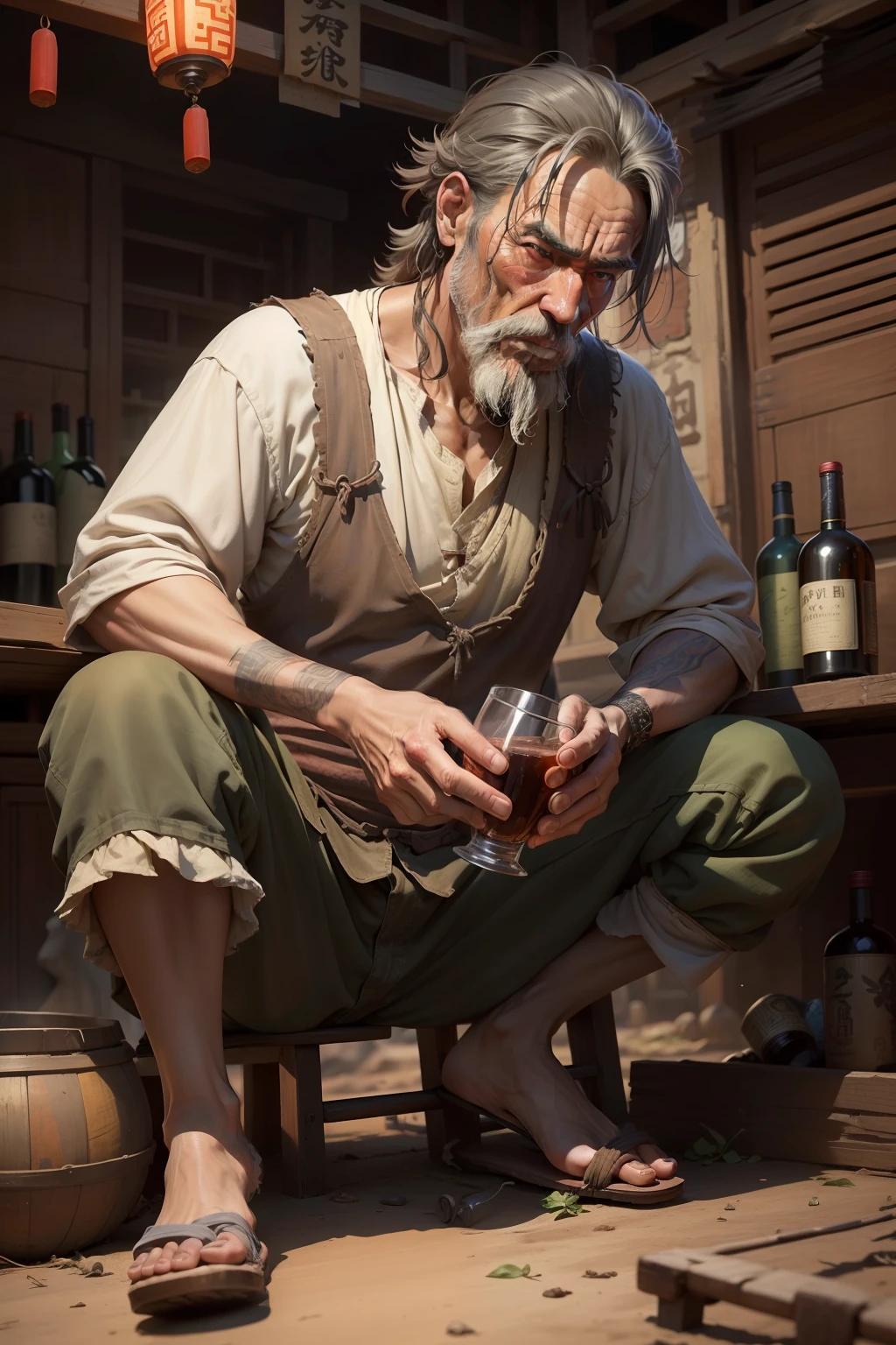 intoxicated, Alcoholic cultivator in a XianXia, Ancient setting, repulsive face, primitive savagery, character, good anatomy, male, clothed, Chinese homeless man, (Man is viciously drinking potent alcohol ), ancient chinese clothes