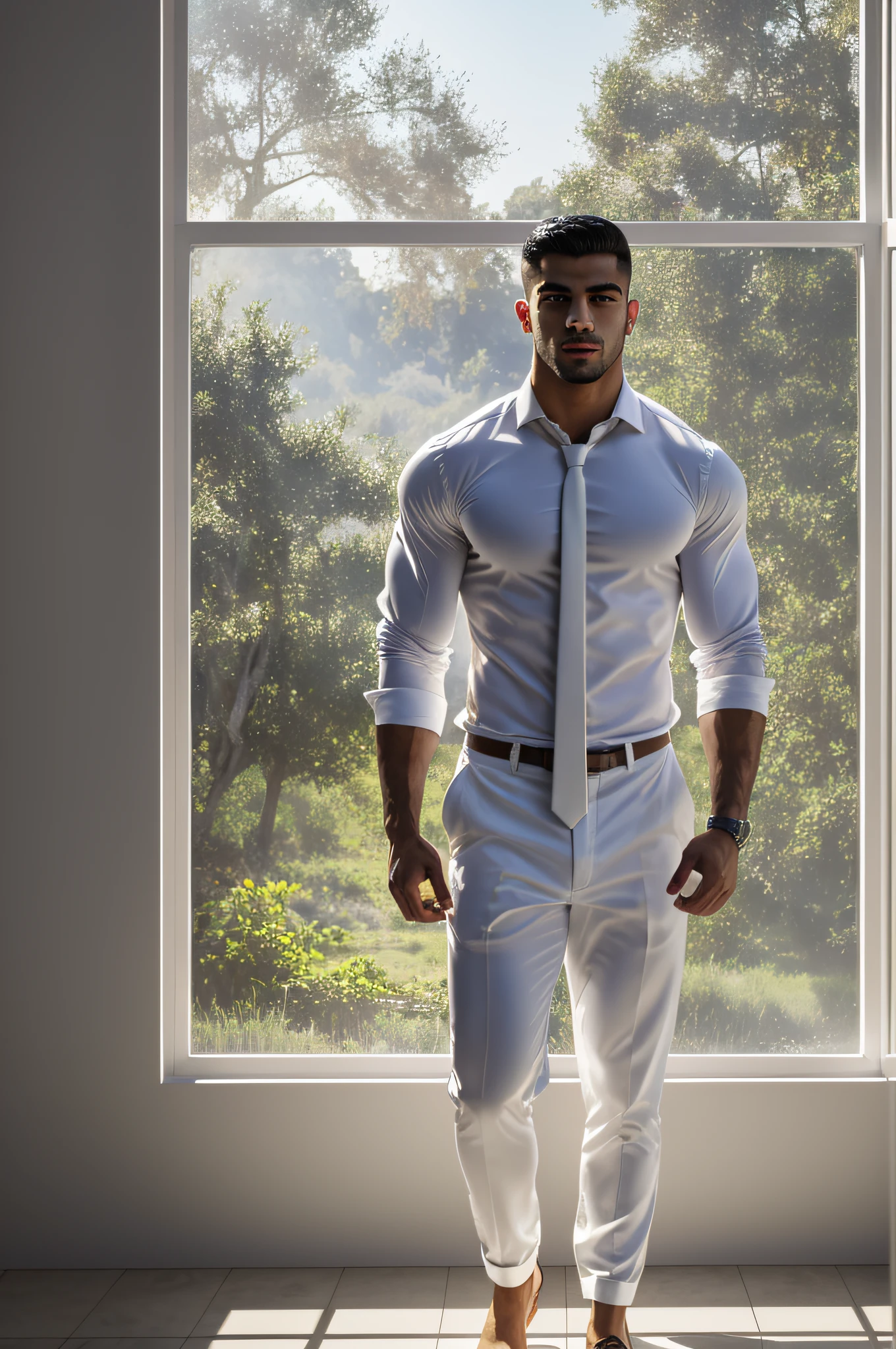 1man, a 20-year-old middle eastern muscular man, wearing a long-sleeved white shirt and tie, hands in trouser pockets, body structure correct, standing in front of a window, soft lighting, masterpiece, best quality, 8k ultra HD, DSLR camera, Midjourney and greg rutkowski's Fujifilm XT3 realistic painting art