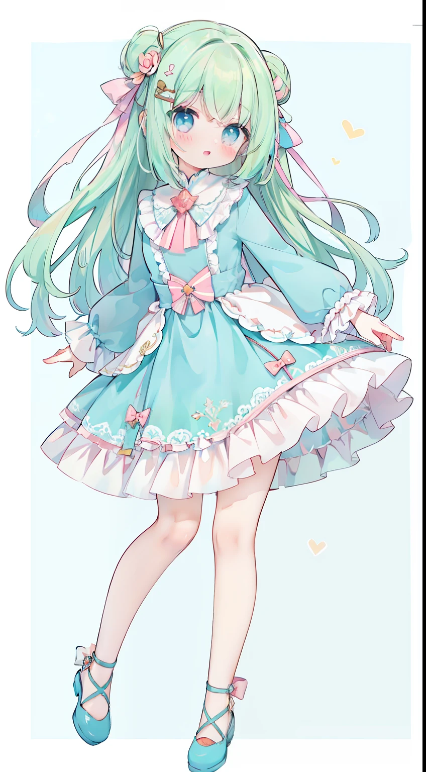 （（（（Rosa））））、Standing picture、full body Esbian、cute little、​masterpiece、top-quality、Top image quality、Green hair、long、blue eyess、Rosa、Rose background、pink back ground、（（（（（（Rose Dress）））））、a very cute、