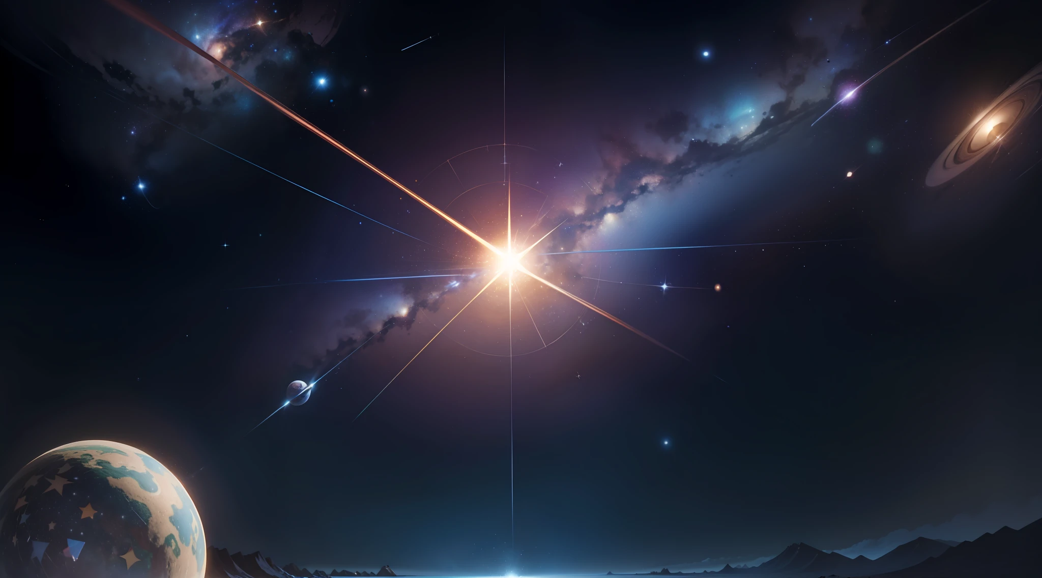 a stellar space with bright stars and planets suspended on the dark background, The stars are arranged in several constellations, Creating a dazzling celestial backdrop, Planetas exibem tamanhos diferentes, Texturas e cores, some with rings around them, (realista e detalhado), (cores intensas).