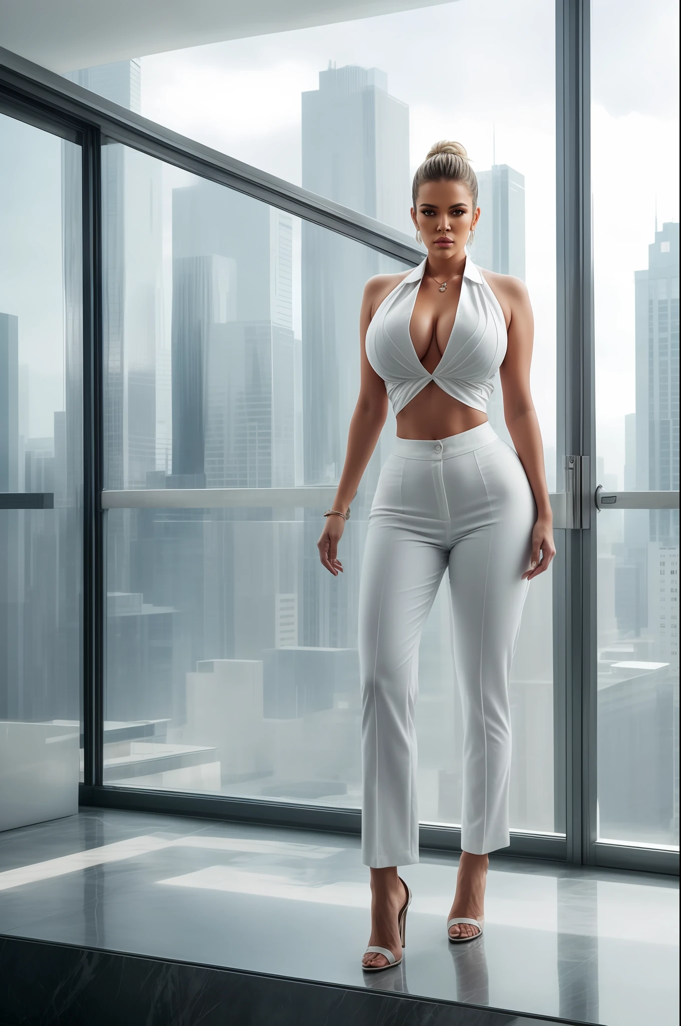 Khloé Kardashian as corporate lady, white satin formal suit, unbuttoned open shirt, high heels, athletic milf figure, high ponytail tied hair, massive cleavage, seductive pose in balcony, day scene, hourglass figure, small breasts, fit, seductive face, look at camera and wink, erotic adult face, 40 yo, soft volumetric lights, intricate details, (ArtStation:1.2)