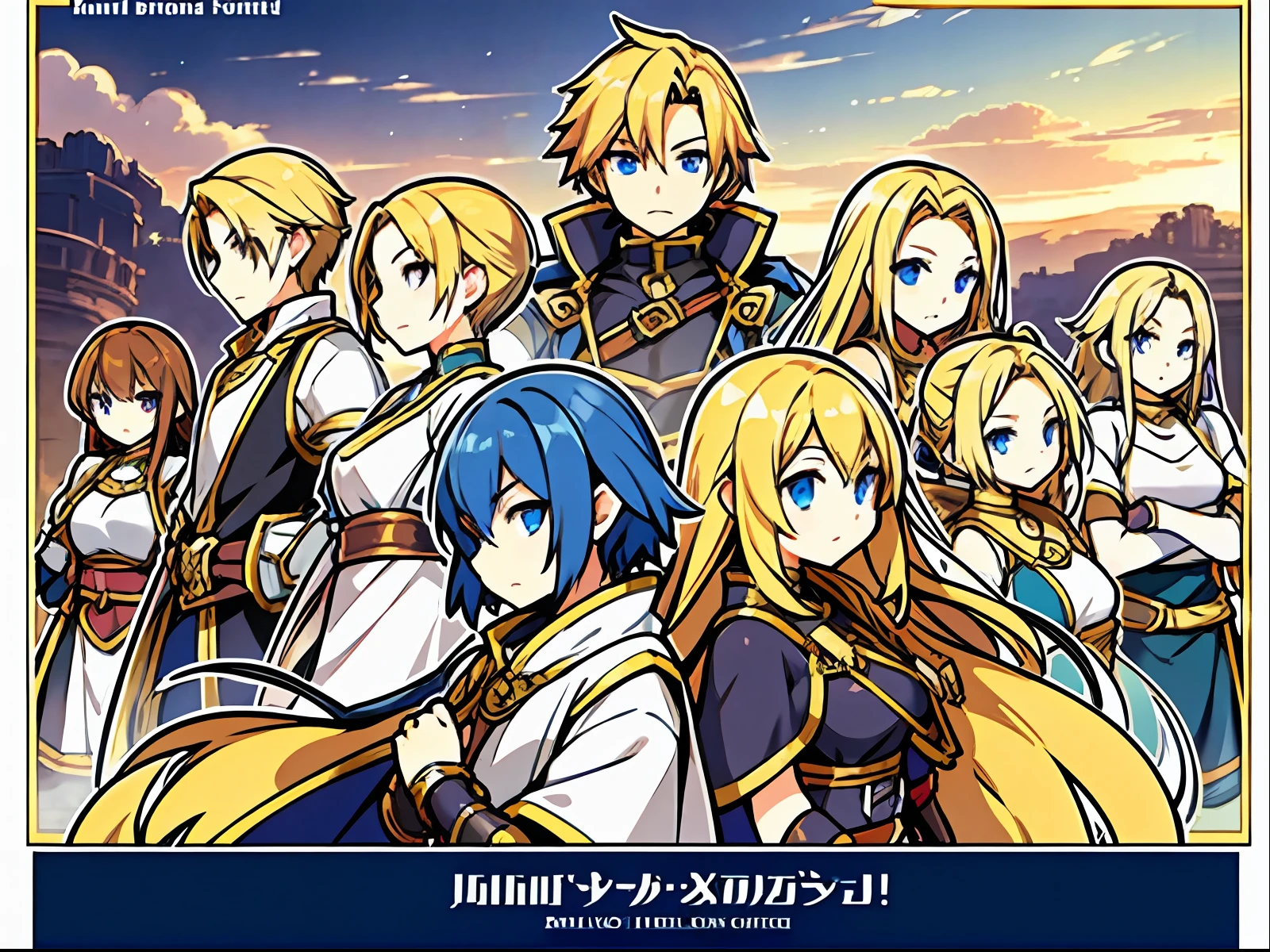 cover for book, cover for JRPG title, featuring many characters, golden frames, rpg class, rpg art style, rpg portrait, rpg artwork, lot of characters, a lot of characters, multiple figures