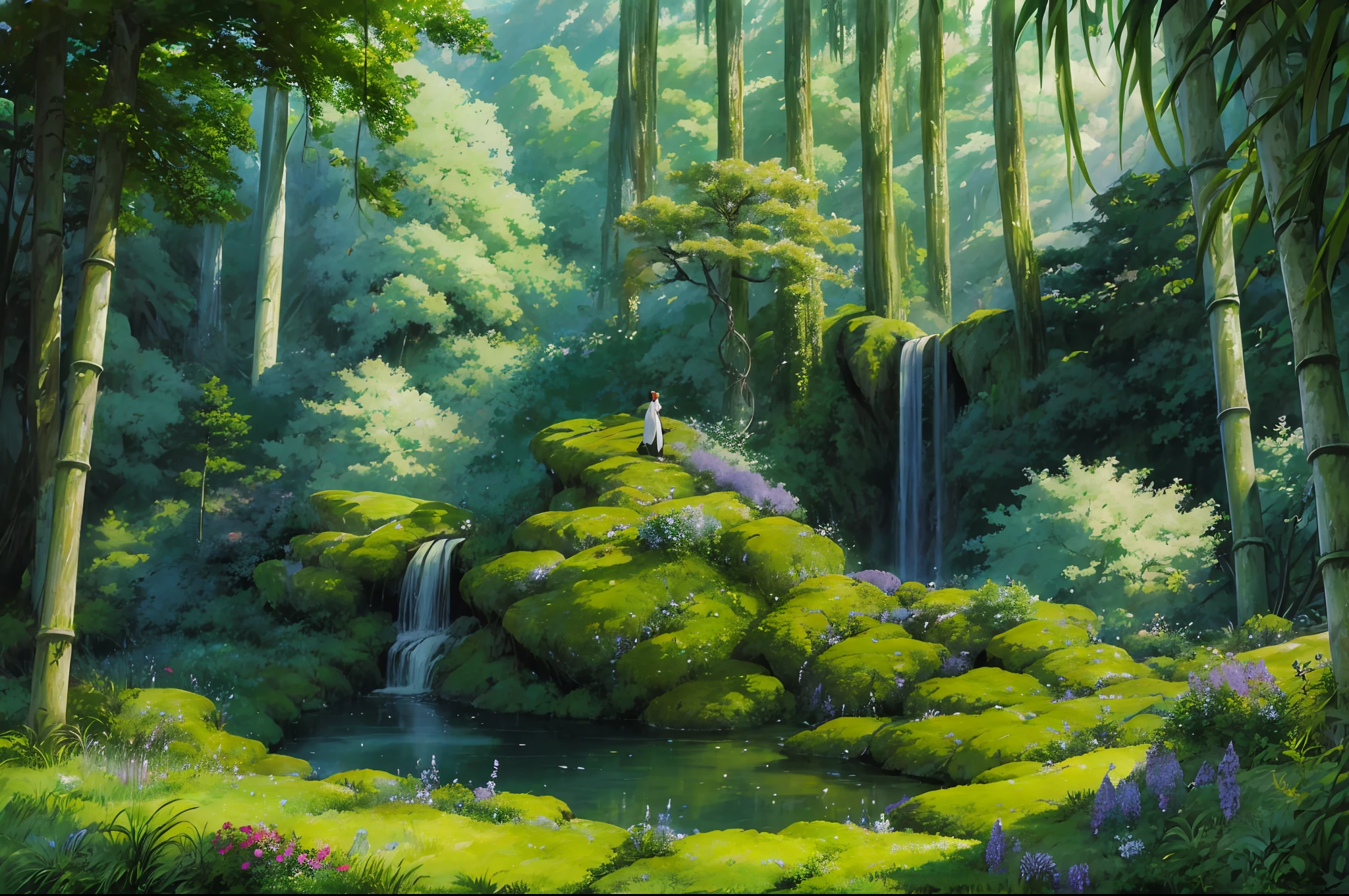 Masterpiece, best quality, 8K, high res, ultra-detailed, A scene of a waterfall cascading down a high cliff amongst lush greenery, adorned by vibrant flowers, towering pines, and delicate bamboo groves,no humans, sakura, beautiful view, ultra-detailed, fine detailed, highly detailed, intricate, highly detailed, ultra-detailed, scenery,no humans, lush green mountains, winding rivers, misty atmosphere, solitary, intricate details, delicate features, verdant trees, blooming flowers, druid's circle, soft moss, deep forest, intricate leaves and vines, wisps of light, still pool of water, pristine, verdant green, A picturesque scene of a waterfall cascading down a high cliff amongst lush greenery, adorned by vibrant flowers, towering pines, and delicate bamboo groves.