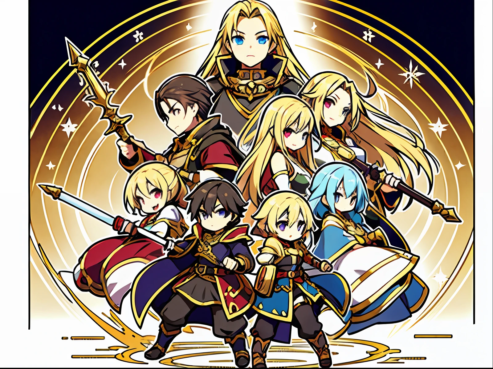 cover for book, cover for JRPG title, featuring many characters, golden frames, rpg class, rpg art style, rpg portrait, rpg artwork, lot of characters, a lot of characters, multiple figures