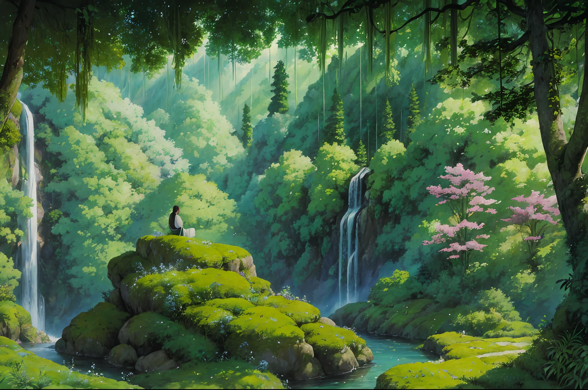 Masterpiece, best quality, 8K, high res, ultra-detailed, A scene of a waterfall cascading down a high cliff amongst lush greenery, adorned by vibrant flowers, towering pines, and delicate bamboo groves,no humans, sakura, beautiful view, ultra-detailed, fine detailed, highly detailed, intricate, highly detailed, ultra-detailed, scenery,no humans, lush green mountains, winding rivers, misty atmosphere, solitary, intricate details, delicate features, verdant trees, blooming flowers, druid's circle, soft moss, deep forest, intricate leaves and vines, wisps of light, still pool of water, pristine, verdant green, A picturesque scene of a waterfall cascading down a high cliff amongst lush greenery, adorned by vibrant flowers, towering pines, and delicate bamboo groves.