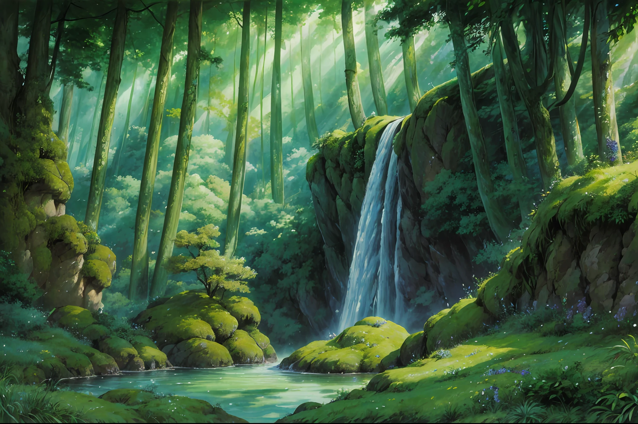 Masterpiece, best quality, 8K, high res, ultra-detailed, A scene of a waterfall cascading down a high cliff amongst lush greenery, adorned by vibrant flowers, towering pines, and delicate bamboo groves,no humans, sakura, beautiful view, ultra-detailed, fine detailed, highly detailed, intricate, highly detailed, ultra-detailed, scenery,no humans, lush green mountains, winding rivers, misty atmosphere, solitary, intricate details, delicate features, verdant trees, blooming flowers, druid's circle, soft moss, deep forest, intricate leaves and vines, wisps of light, still pool of water, pristine, verdant green, A picturesque scene of a waterfall cascading down a high cliff amongst lush greenery, adorned by vibrant flowers, towering pines, and delicate bamboo groves.