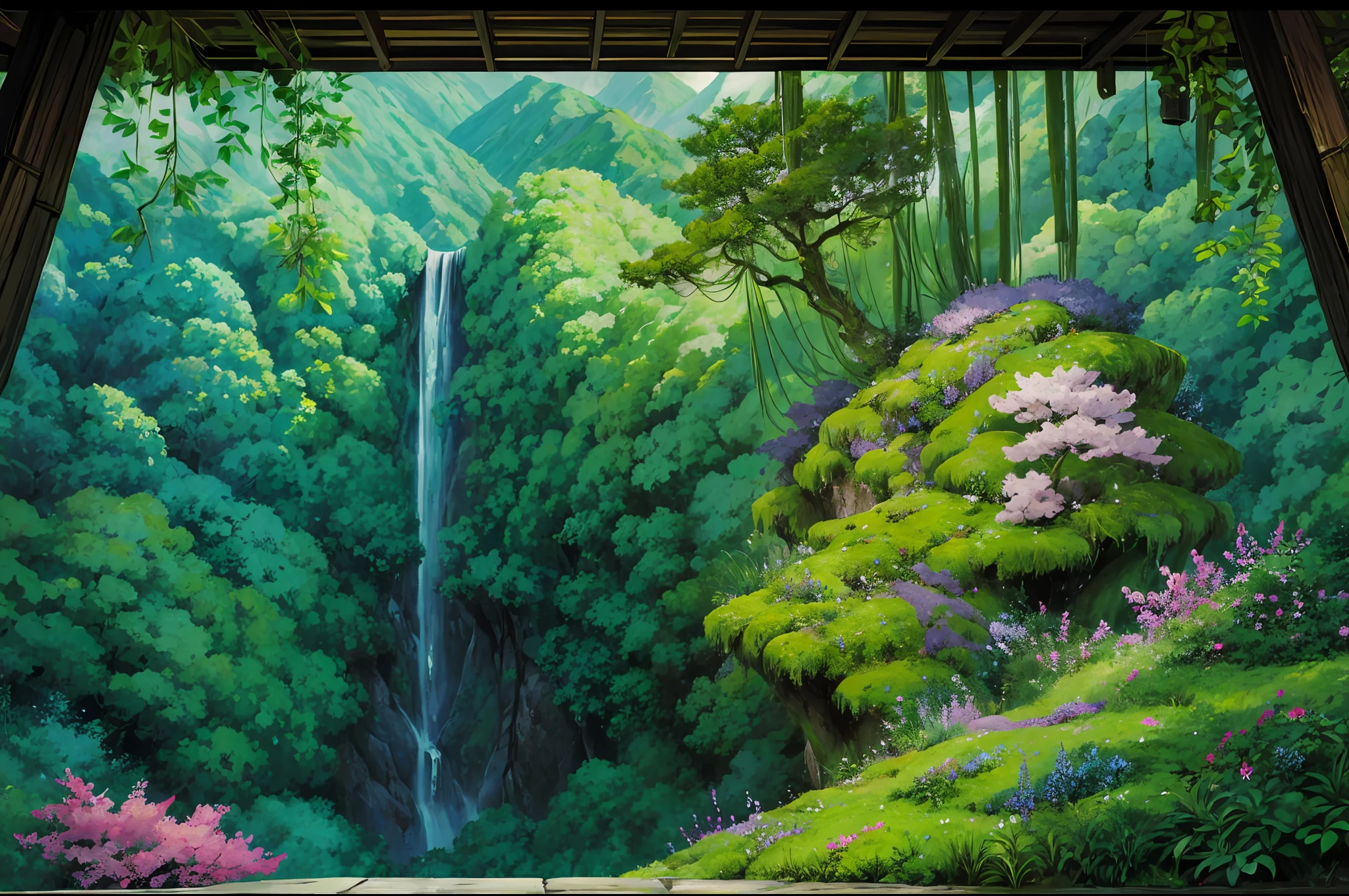 Masterpiece, best quality, 8K, high res, ultra-detailed, A scene of a waterfall cascading down a high cliff amongst lush greenery, adorned by vibrant flowers, towering pines, and delicate bamboo groves,no humans, sakura, beautiful view, ultra-detailed, fine detailed, highly detailed, intricate, highly detailed, ultra-detailed, scenery,no humans, lush green mountains, winding rivers, misty atmosphere, solitary, intricate details, delicate features, verdant trees, blooming flowers, druid's circle, soft moss, deep forest, intricate leaves and vines, wisps of light, still pool of water, pristine, verdant green, A picturesque scene of a waterfall cascading down a high cliff amongst lush greenery, adorned by vibrant flowers, towering pines, and delicate bamboo groves.