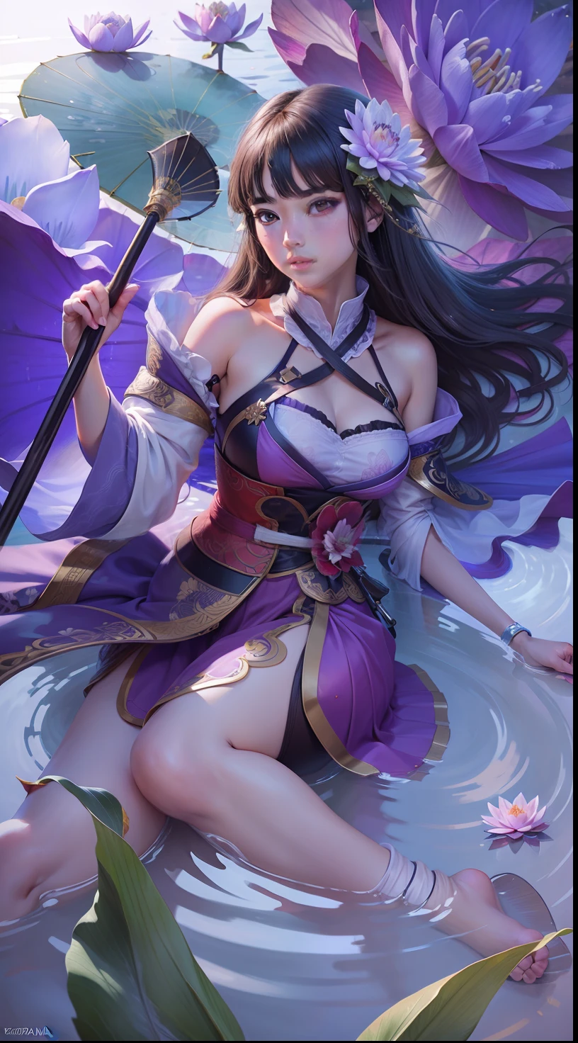 Kagura water lily, human face, 1 girl, realistic, ultra detail, umbrella