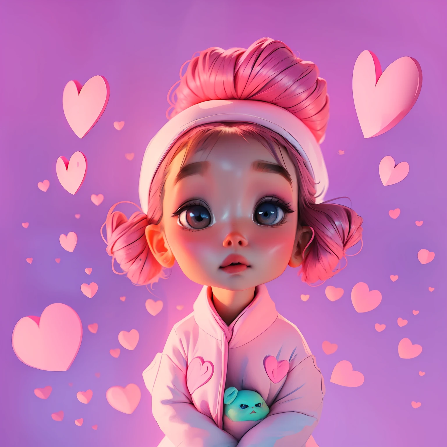 uma garota pequena,rosto bonito e kawaii. No estilo Ken Sugimori, rosa neon, cuddly baby, borboletas iluminadas, pink and magical background, lindos vagalumes voando, Floating hearts, olhinhos brilhantes