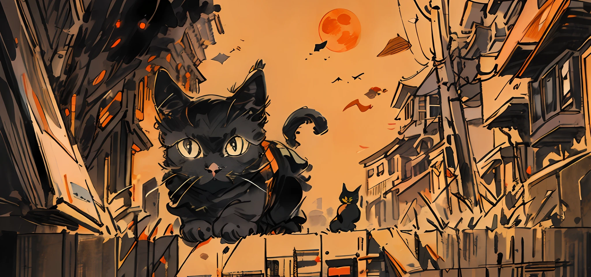 Black Cat, Orange, Cute, Big Eyes, Masterpiece, Full Moon, Alley