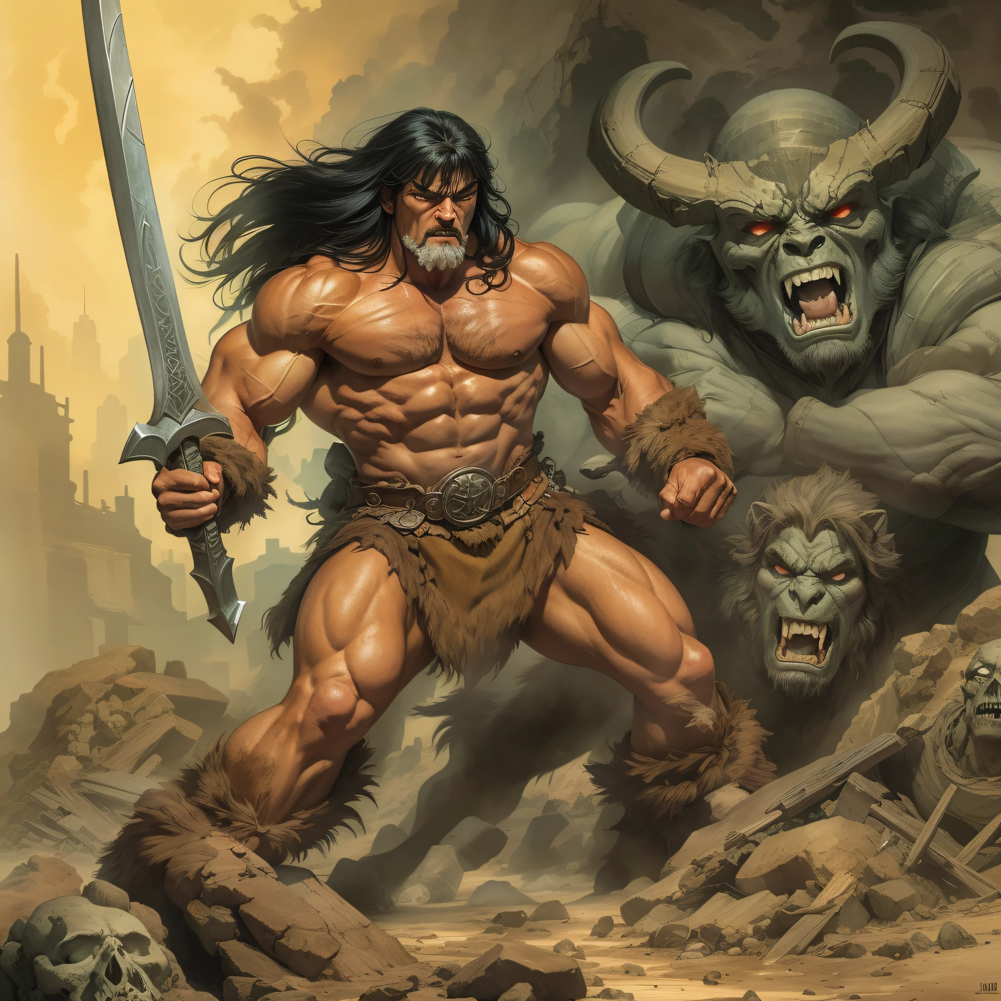 Prepare-se para ser transportado para o mundo de Conan, the Barbarian, in an epic and imposing illustration, fielmente inspirada no trabalho de John Buscema. Na imagem, Conan is portrayed in all his glory, pronto para enfrentar qualquer desafio que a vida ou a batalha possam lhe apresentar.

The illustration perfectly captures Conan's imposing presence, with your powerful muscles and confident posture. His determined and wild gaze conveys his inner strength and his fearless nature.

Ao fundo, we have a setting that evokes the brutal and unforgiving atmosphere of the Hyborian Era, with ancient ruins, a stormy sky and a wild and unpredictable landscape. These elements add a touch of mystery and danger to the scene, reinforcing the essence of the world Conan lives in.

The carefully crafted lighting, creating dramatic shadows and highlights, ressalta cada detalhe da figura de Conan, From his muscles to the scars that bear witness to his past battles. Each blow is meticulously executed, paying homage to John Buscema's signature style and capturing the essence of the character.

This illustration by Conan, the Barbarian, it's a true homage to the work of John Buscema, capturing the essence of the character and immortalizing him in an impactful image. It is a faithful and powerful representation of the legendary warrior, which is sure to delight Conan fans and lovers of epic illustrations.