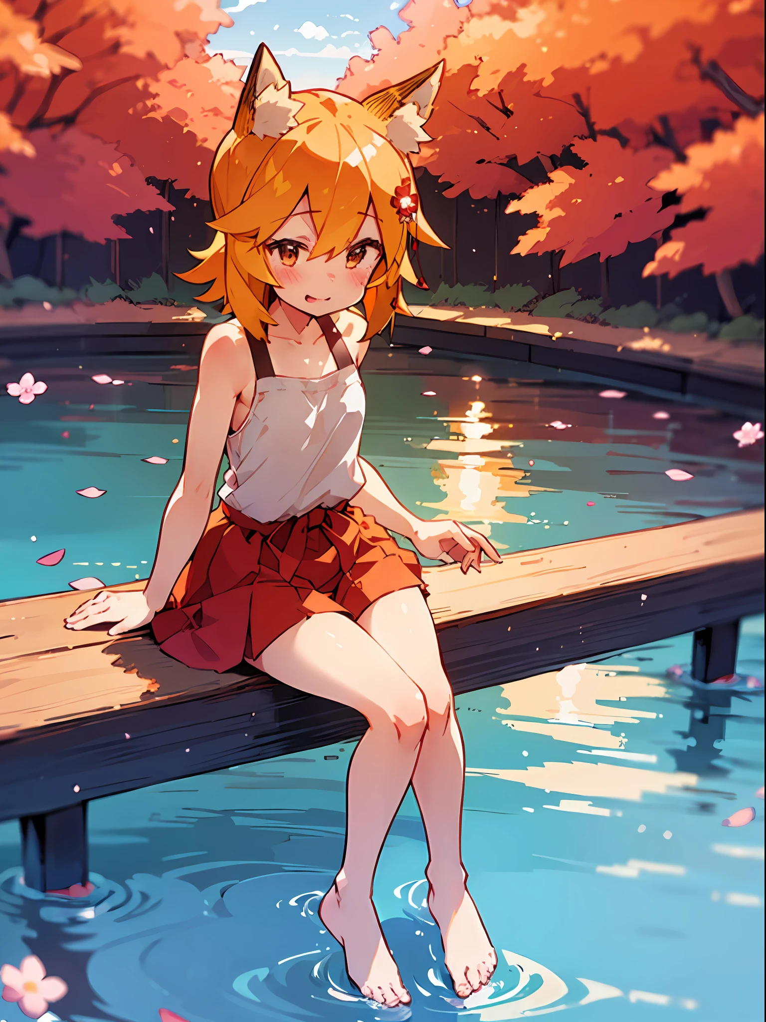 1girl, single girl, solo, (****:1.5), fox ears, fox tail, miko, ***********, short girl, (flat chest), (white knee socks), sitting on a bench, lake on background, sakura trees blossom, sakura leaves, sakura leaves in a water, (wearing kawaii swimsuit 1.6), (two piece swimsuit), feet visible, detailed feet, bare feet, happy realistic face, shy, smiling, beautiful hair, orange hair, wearing cute hair clip, realistic, best quality, 8k, sunset, red sunset, evening, beautiful sky