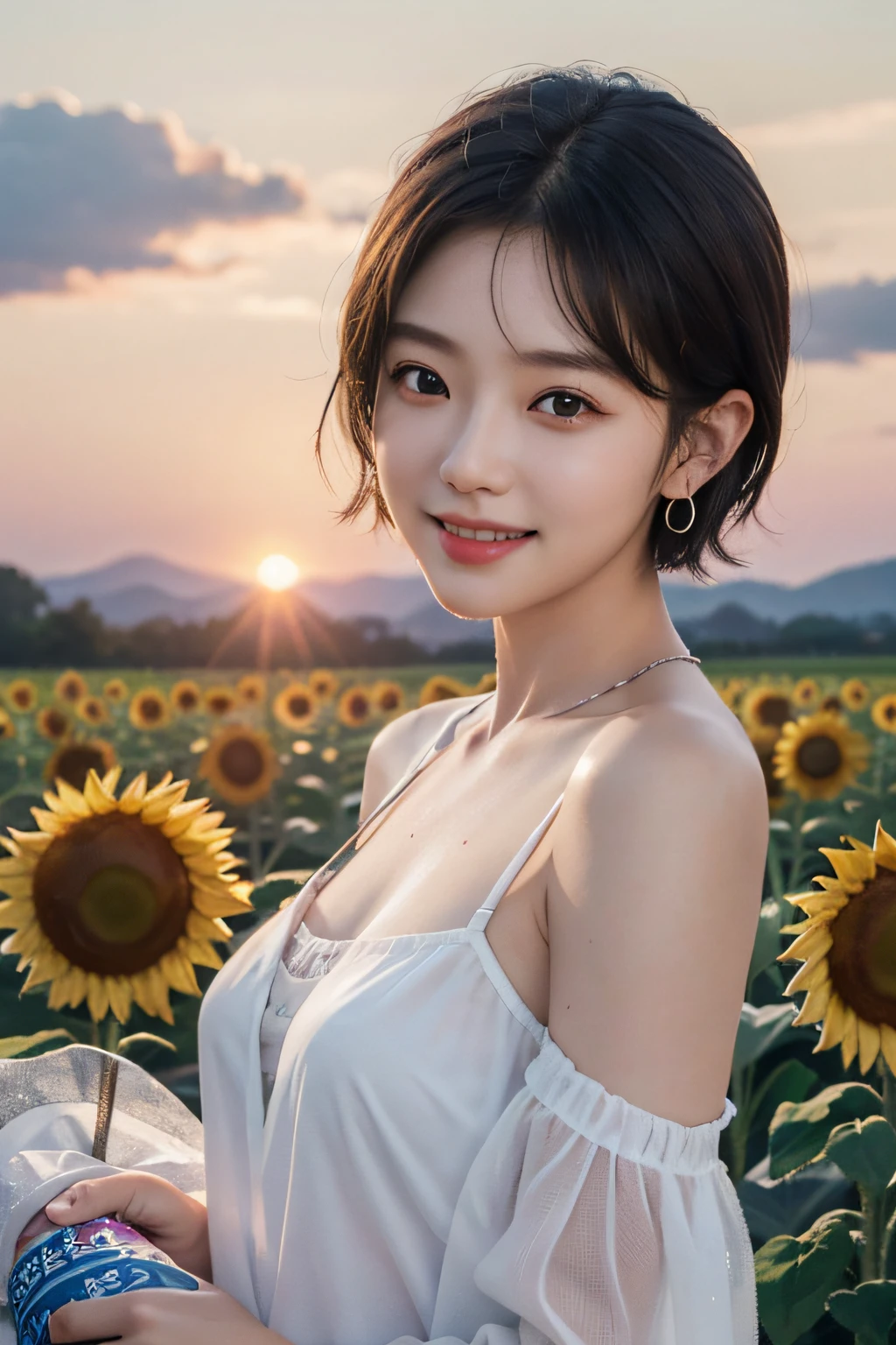 top-quality、masterpiece、超A high resolution、(Photorealsitic:1.4)、Raw foto、(Authentic skin texture:1.3)、(film grains:1.3)、the panorama、Character Portrait、Very Wide Shot、narrow waists、a closeup、bokeh effects、Water hose、A smile、1girl in、beautiful detailed eyes and face、Brown-eyed、Under the blue sky、Eyes are on the viewer、B cup for small milk、Evening glow、Sunset sky、Glitter in the background、Frontal Face、the kiss、Shy laughter、short-cut、Short hair、sunflowers fields、Sunflower earrings、Sunflower flowers on background、off shoulders、