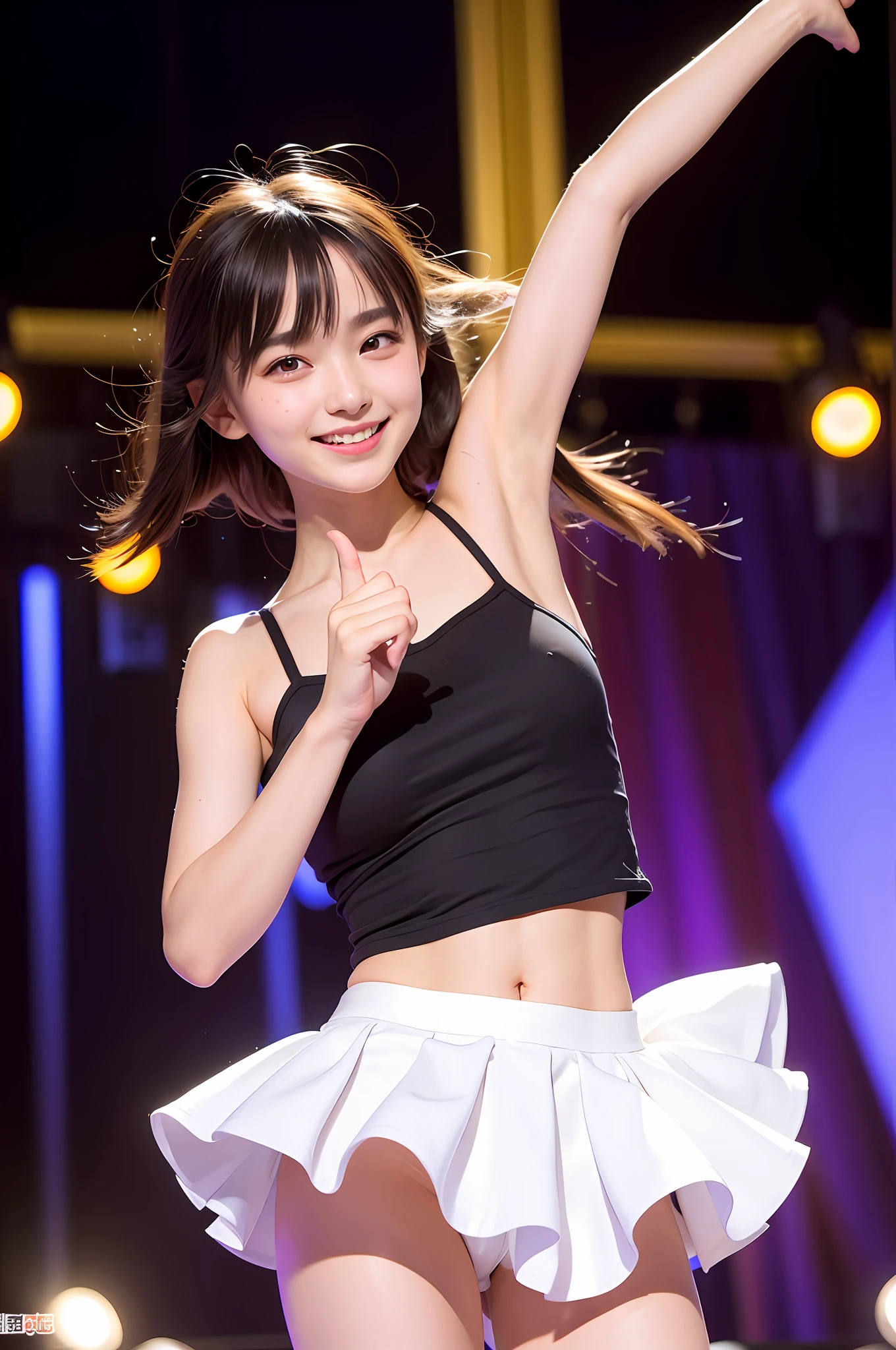 (8K、Raw photography、Photorealsitic:1.25)、1little girl、(18 year old woman with beautiful perfect face、Expressing the joy of dancing with color)、Pose with legs raised high、Line Dance、lipgloss、long lashes、Beautiful expression、shiny bare skin、top-quality、超A high resolution、Stage costumes、Bask in the lights on the stage、a miniskirt、Photograph the whole body