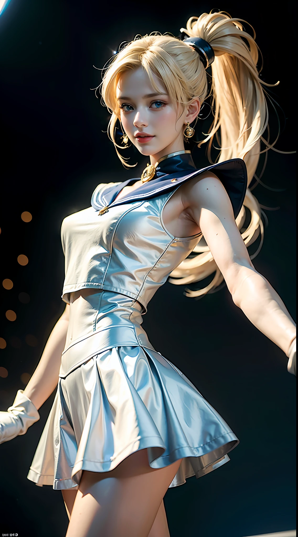(Extreme detail CG Unity 8K wallpaper, masterpiece, highest quality), (exquisite lighting and shadow, highly dramatic picture, cinematic lens effect), (Sailor Moon: 1.1), charming smile, double tail, blue eyes, blond hair, tight top, white gloves, mini skirt, dynamic pose), the background is the universe (excellent detail, excellent lighting, wide angle), (excellent rendering, enough to stand out in its class),