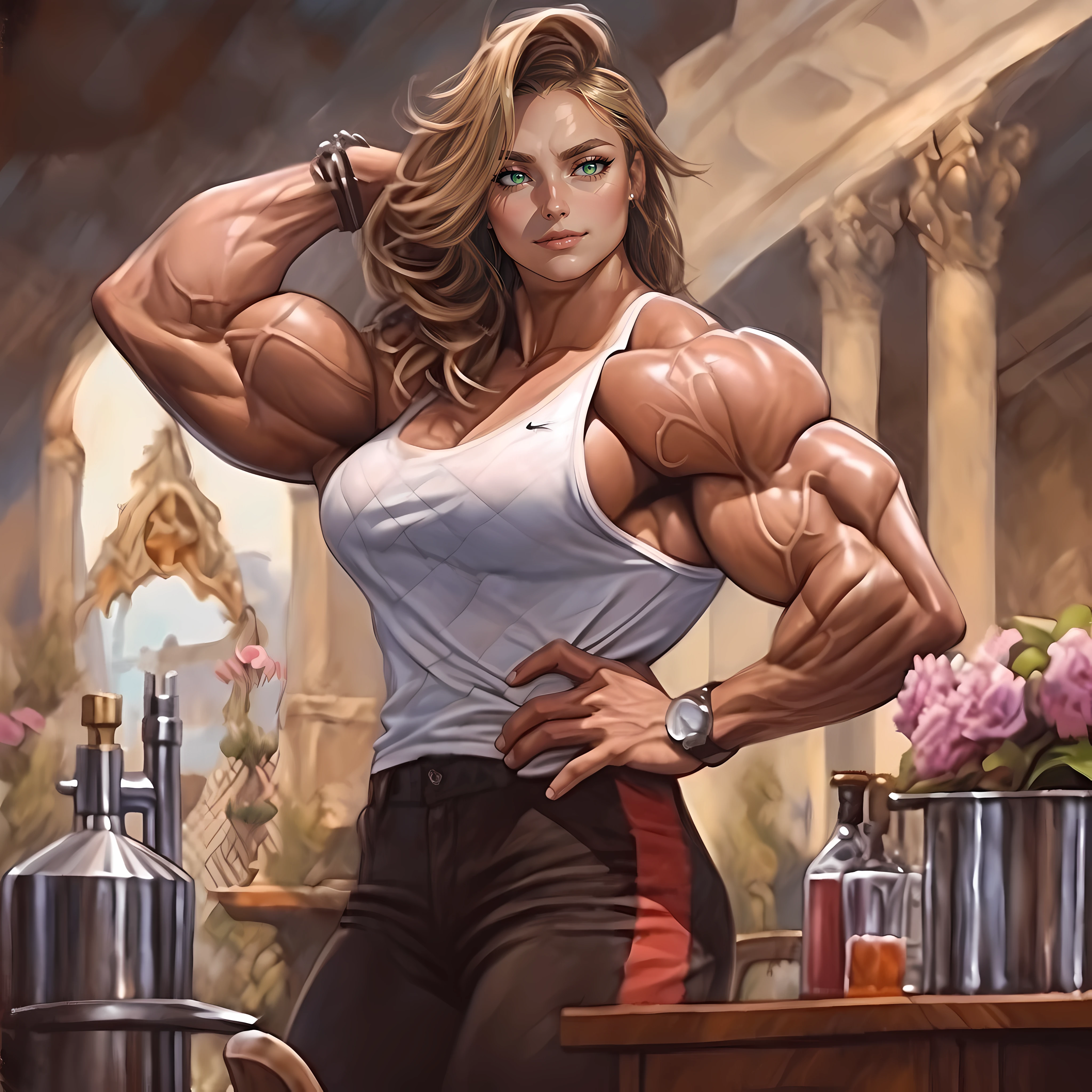 (beautiful face: 2), very beautiful nordic woman face, 20-year-old woman face, thick muscular neck, matching face structure, matching neck, matching skin tone, matching trapezius muscles, matching hair, slight smirk, neutral stare, green eyes, big eyes