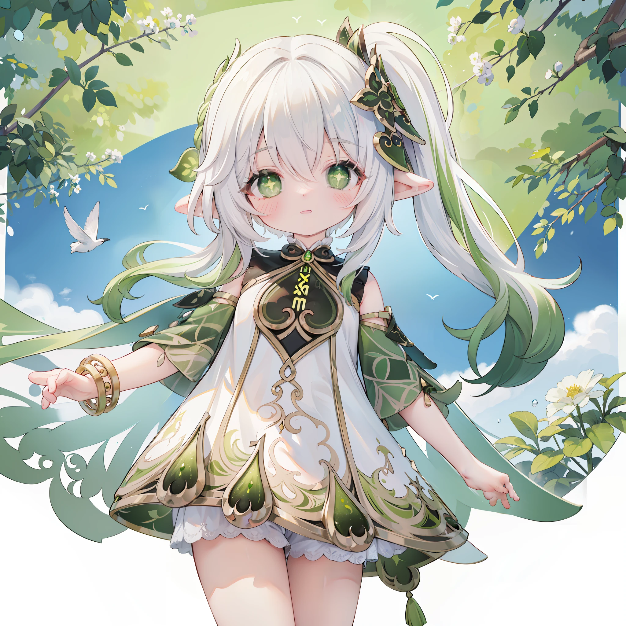 extremely detailed CG unified 8k wallpaper, very fine 8KCG wallpaper, absurderes，Lori ，Best Quality ，ultra-detailliert ，Beautiful face  ，​masterpiece、​masterpiece, top-quality, 1girl in, 独奏, nahida_genshin, Cross-shaped pupils, default_dress, Green Cape, is standing