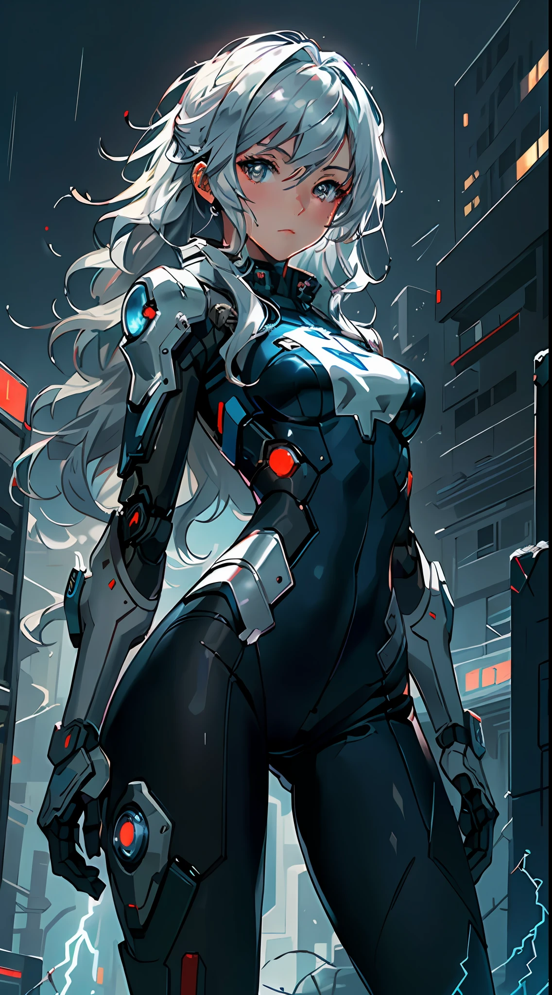 ((masterpiece:1.4, best quality))+, (ultra detailed)+,
1 girl,cyberpunk city,flat chest,wavy hair,mecha clothes,(robot girl),cool movement,silver bodysuit,colorful background,rainy days,(lightning effect),silver dragon armour,(cold face),cowboy shot,