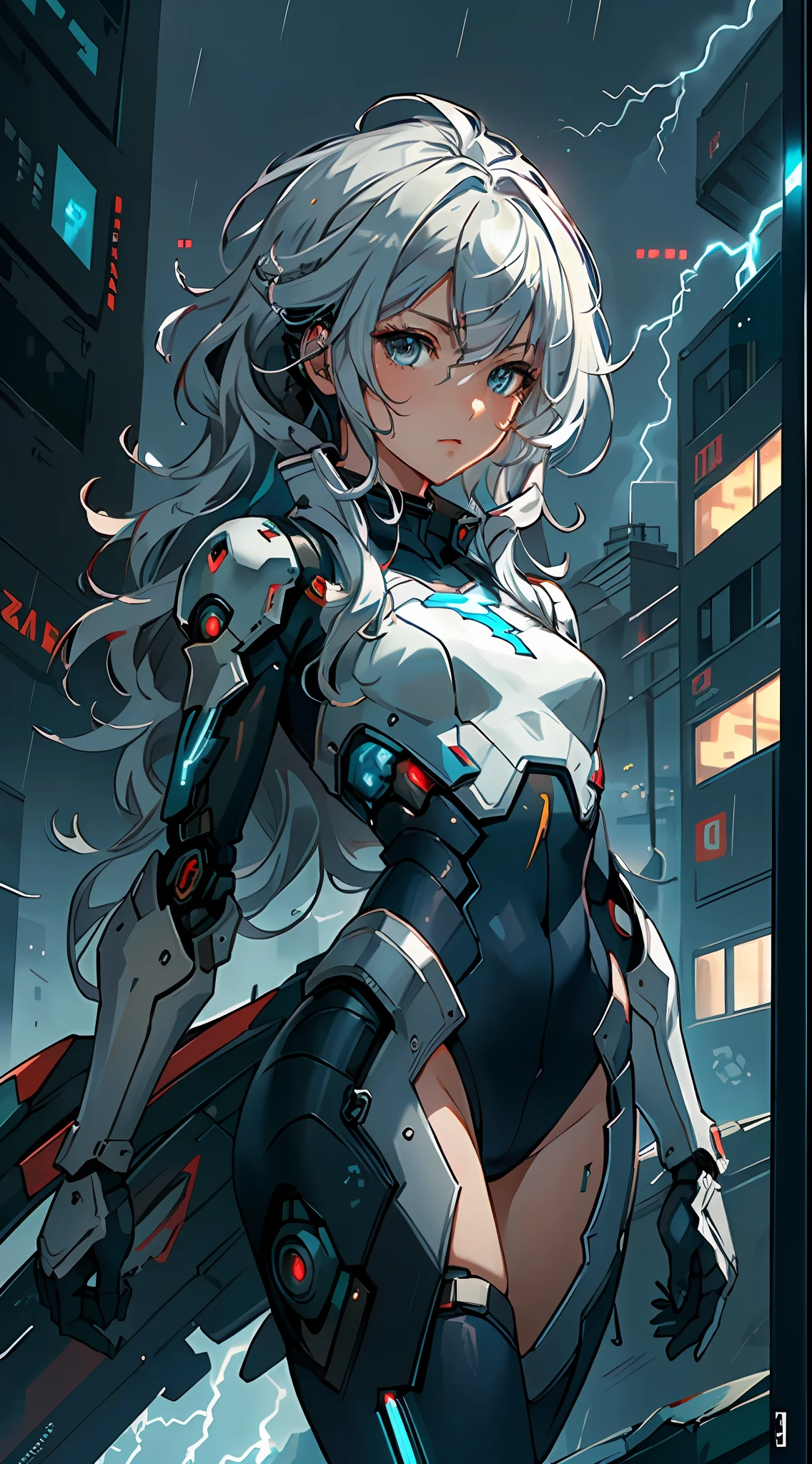 ((masterpiece:1.4, best quality))+, (ultra detailed)+,
1 girl,cyberpunk city,flat chest,wavy hair,mecha clothes,(robot girl),cool movement,silver bodysuit,colorful background,rainy days,(lightning effect),silver dragon armour,(cold face),cowboy shot,