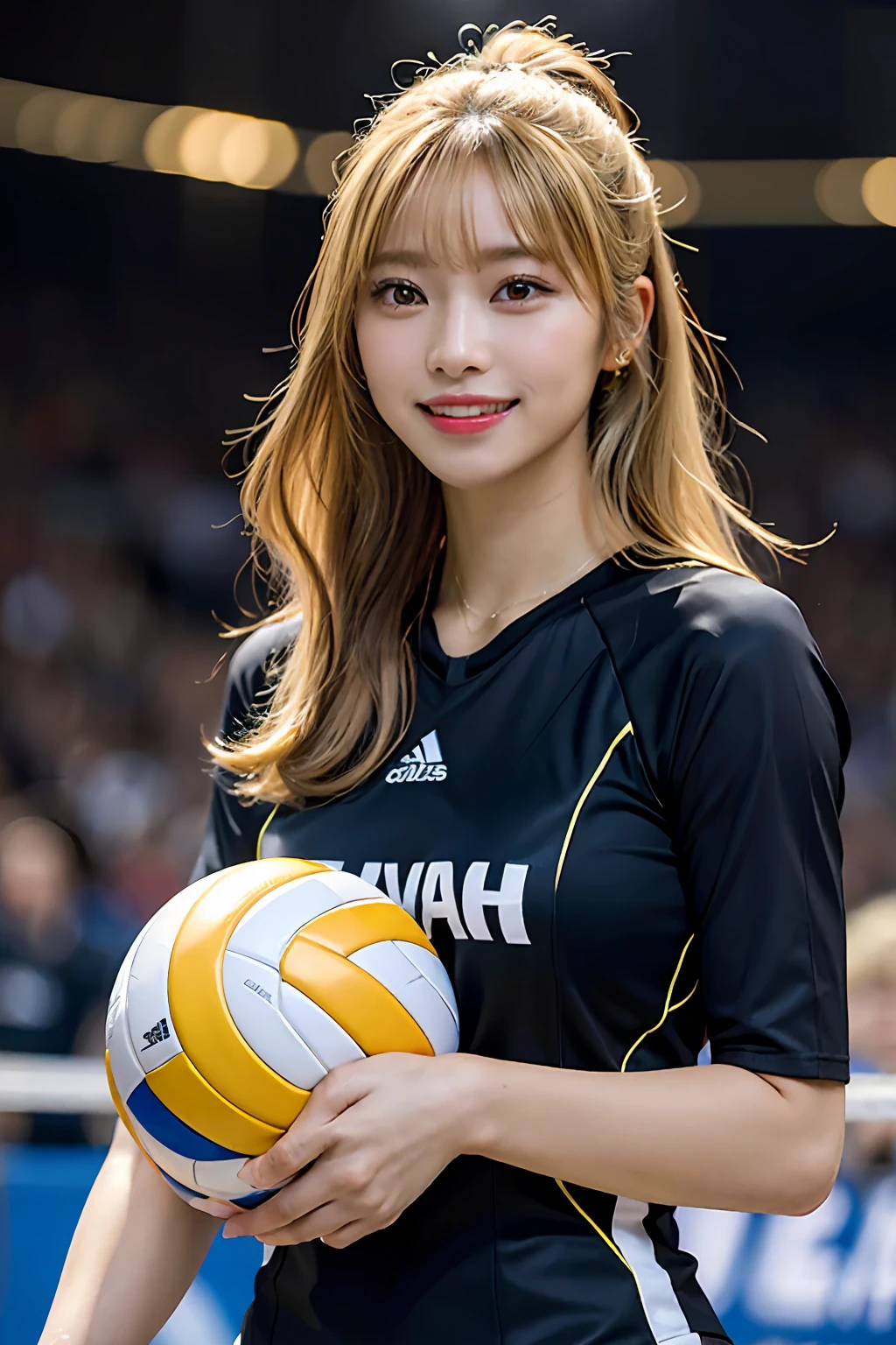 Best quality, masterpiece, ultra high res, (photorealistic: 1.4), highly detailed, professional lighting smile, Stick out the tip of the tongue. Golden-haired black woman playing volleyball, in stadium, tight suit