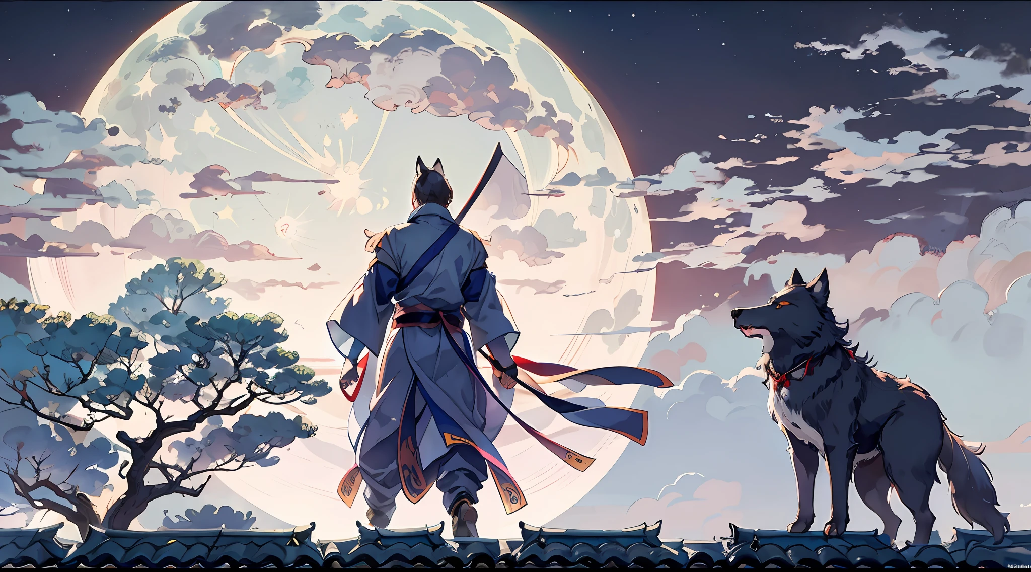 a skilled white ninja man is walking on a Japanese castle roof silently with his gray wolf dog companion, 1 ninja man, 1 gray wolf dog Night, Clear sky, Stars, full moon, high-resolution, ultra definition, masterpiece, 8k, intricate details, volumetric lighting, compositing dynamic, 2D anime style