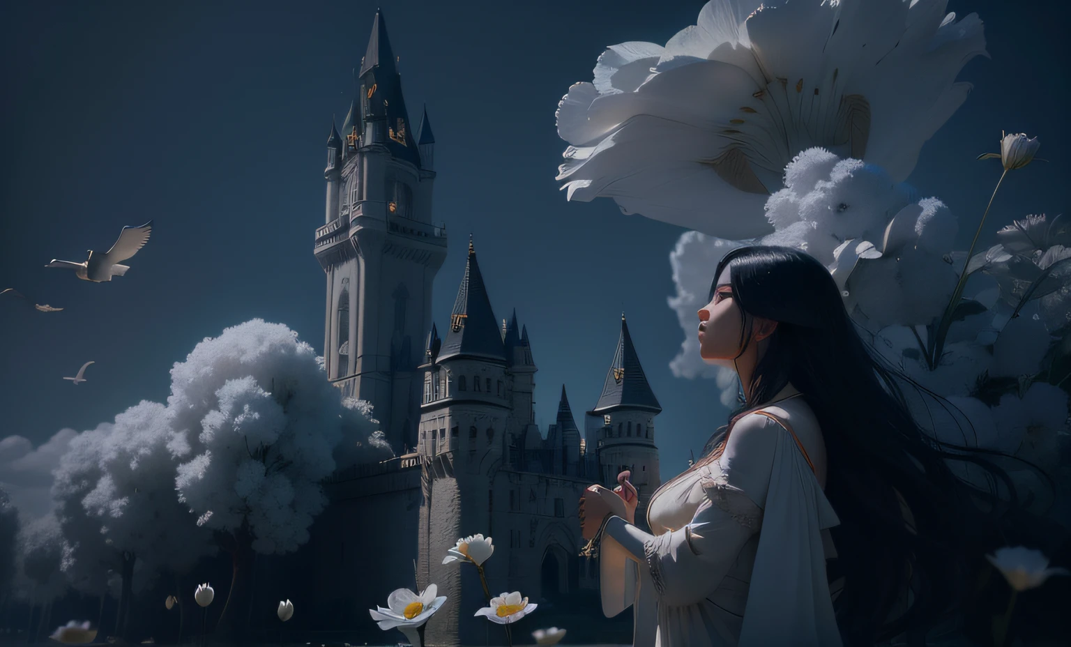 Flowers like castles from a golden spring tower over a beautiful Lady fare, in the spring of eternal youth she bathes her alabaster form to a symphony of trumpeter swans the flay in the sunbeam shy of assure and cotton cloud A extreme 90 meters long shot octane render, high quality hyperdetailed 24k photorealistic