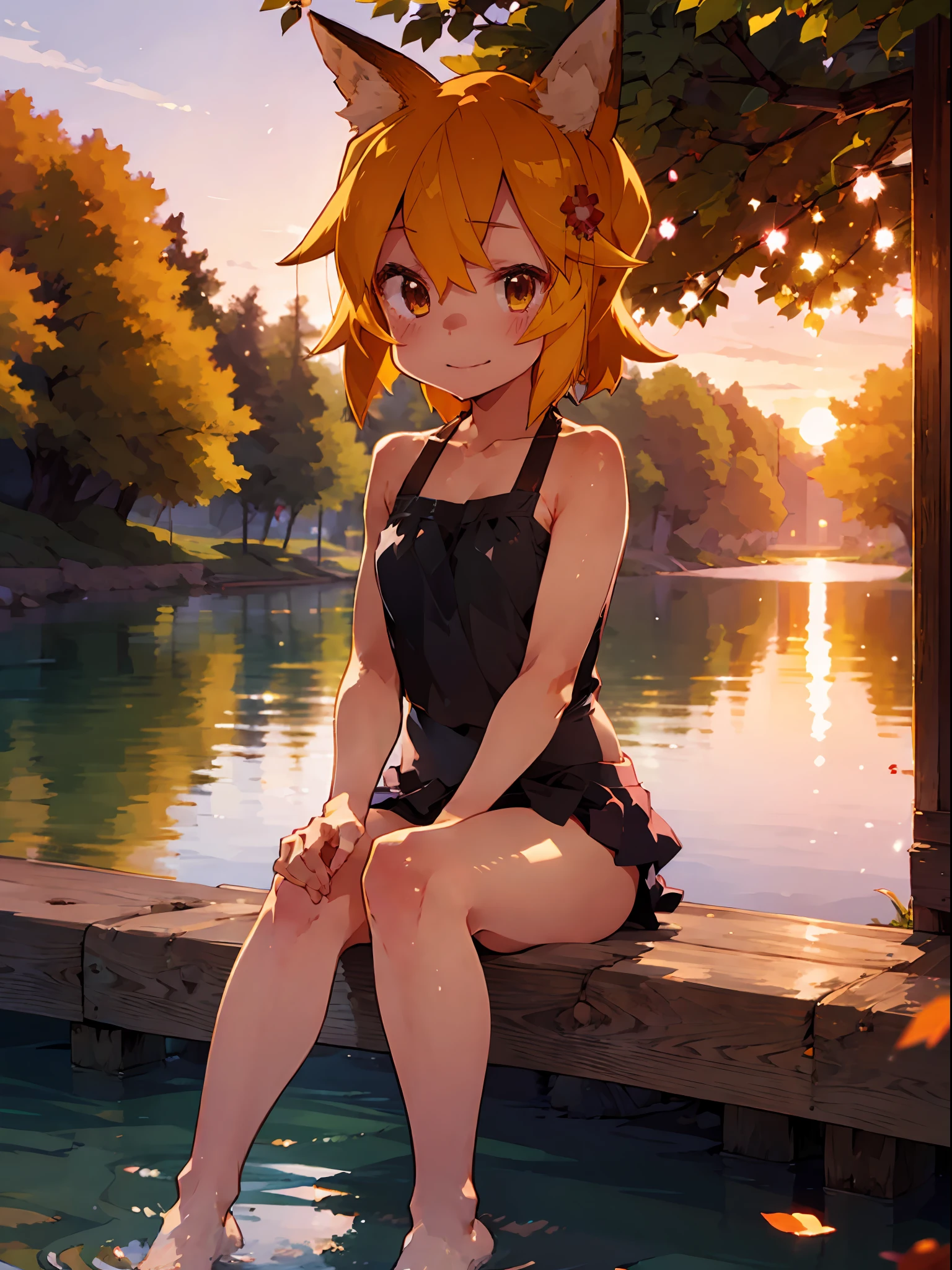 1girl, single girl, solo, (:1.5), fox ears, fox tail, miko, littort girl, (flat chest), sitting on a bench, lake on background, sakura trees blossom, sakura leaves, sakura leaves in a water, (wearing kawaii swimsuit 1.6), (two piece swimsuit), feet visible, detailed feet, bare feet, happy realistic face, shy, smiling, beautiful hair, orange hair, wearing cute hair clip, realistic, best quality, 8k, sunset, red sunset, evening, beautiful sky