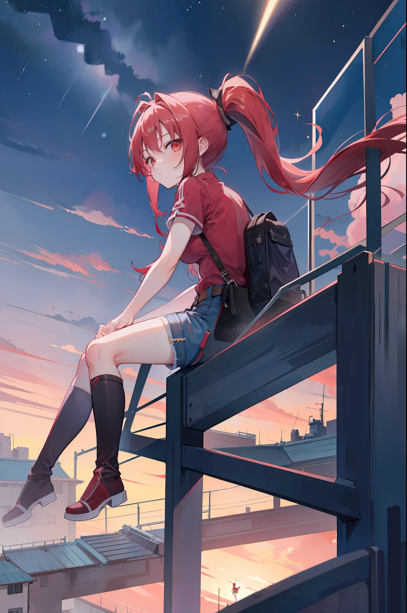 1girl, red long hair, ponytail, denim shorts, sitting on a building edge, high res, 8k, looking at viewer, ultrasharp, absurdes, masterpiece, night city, starry sky