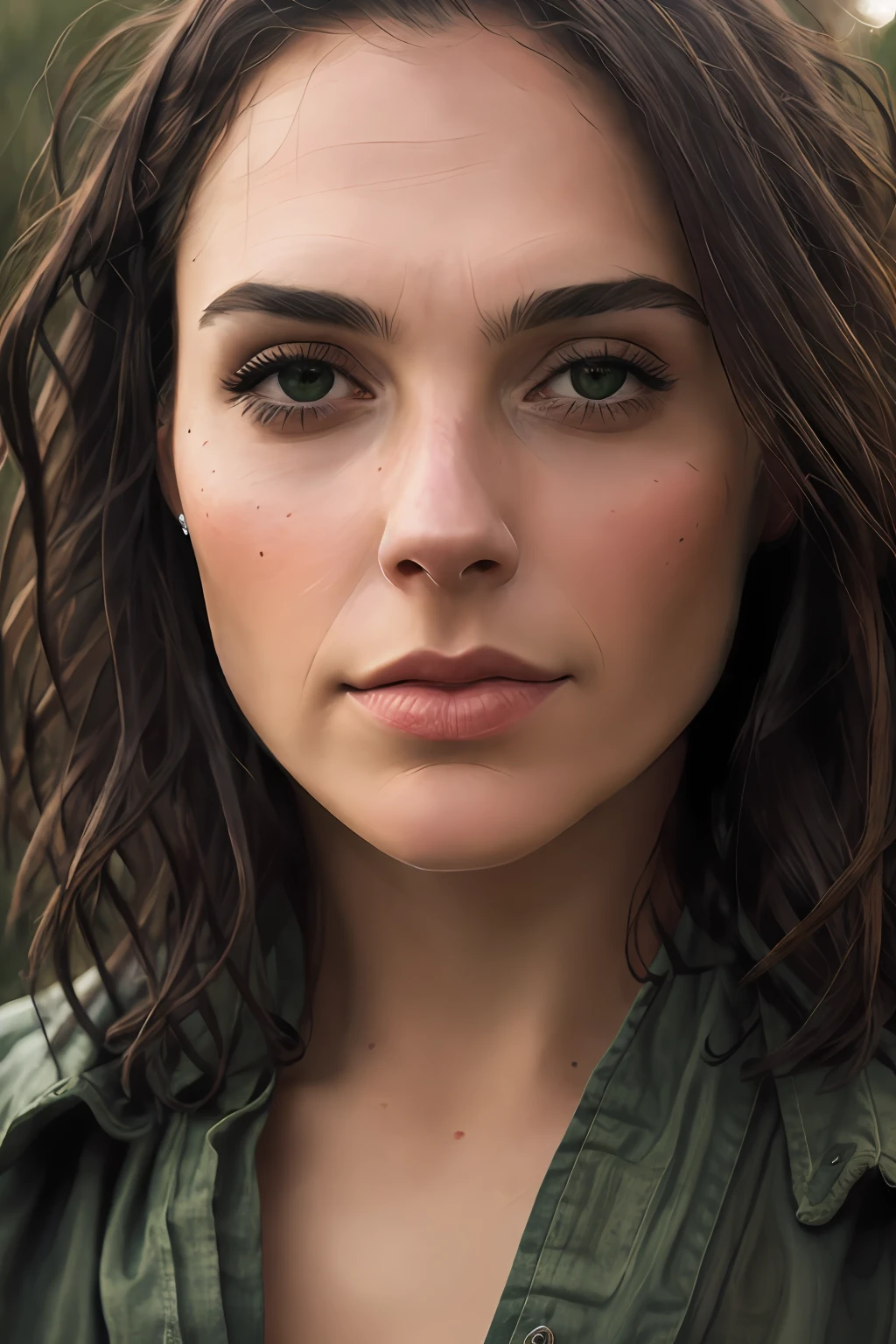 close-up portrait of a beautiful woman, short hair, dark brown hair, hair with bangs, green eyes (gldot) looking at the sea, (backlight), realistic, masterpiece, high quality, lens reflection, shadow, flower, [[chromatic aberration]], by Jeremy Lipking, by Antonio J. Manzanedo, digital painting,