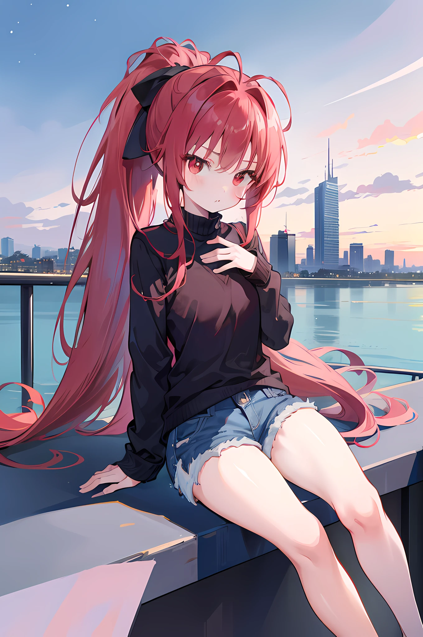 1girl, red long hair, ponytail, denim shorts, sitting on a building edge, high res, 8k, looking at viewer, ultrasharp, absurdes, masterpiece, night city, starry sky