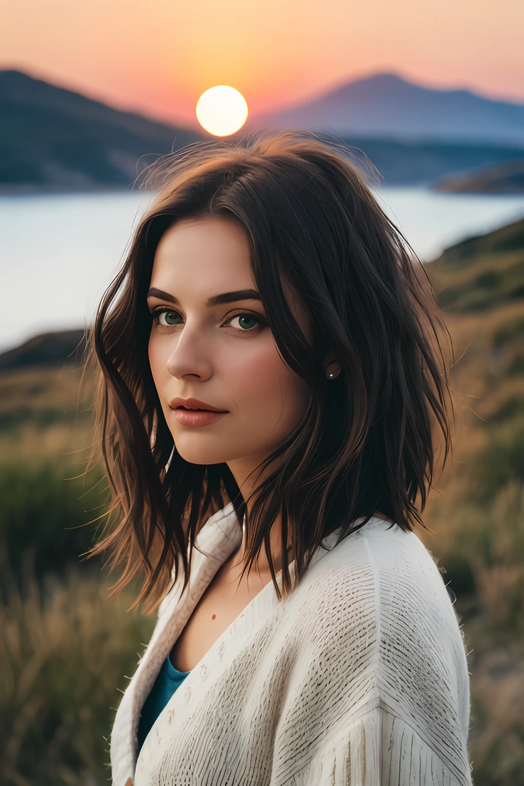 1 woman ((upper body, )), (looking at the sea), masterpiece, best quality, ultra-detailed, soil, outdoors, mountains, nature, (stars, moon), rocks, sea, sunset, clear sky, style, woman with short and unkempt hair, dark brown hair, beautiful woman, green eyes, western woman (warm hue, warm tone), short and unkempt hair
