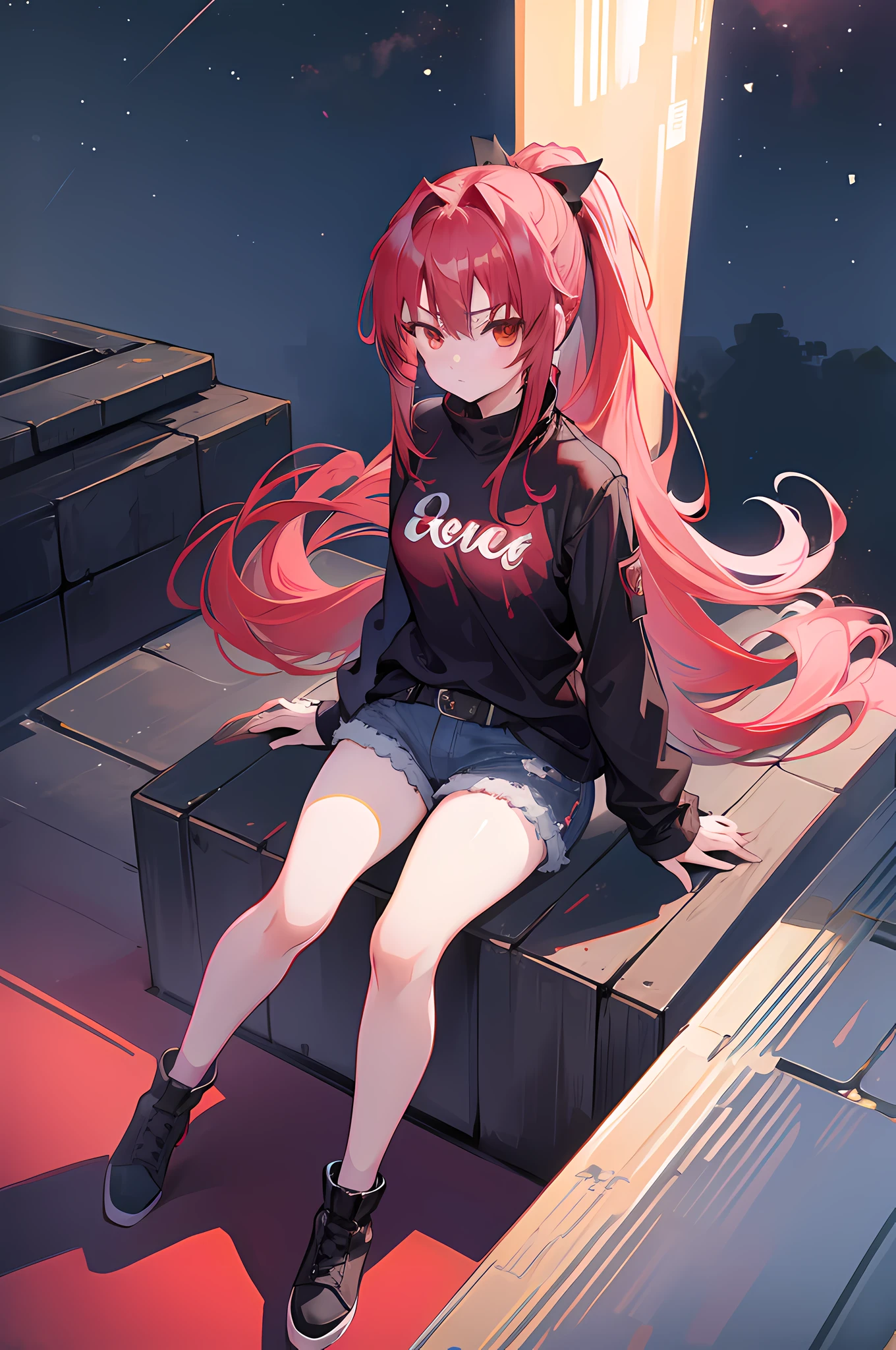 1girl, red long hair, ponytail, denim shorts, sitting on a building edge, high res, 8k, looking at viewer, ultrasharp, absurdes, masterpiece, night city, starry sky