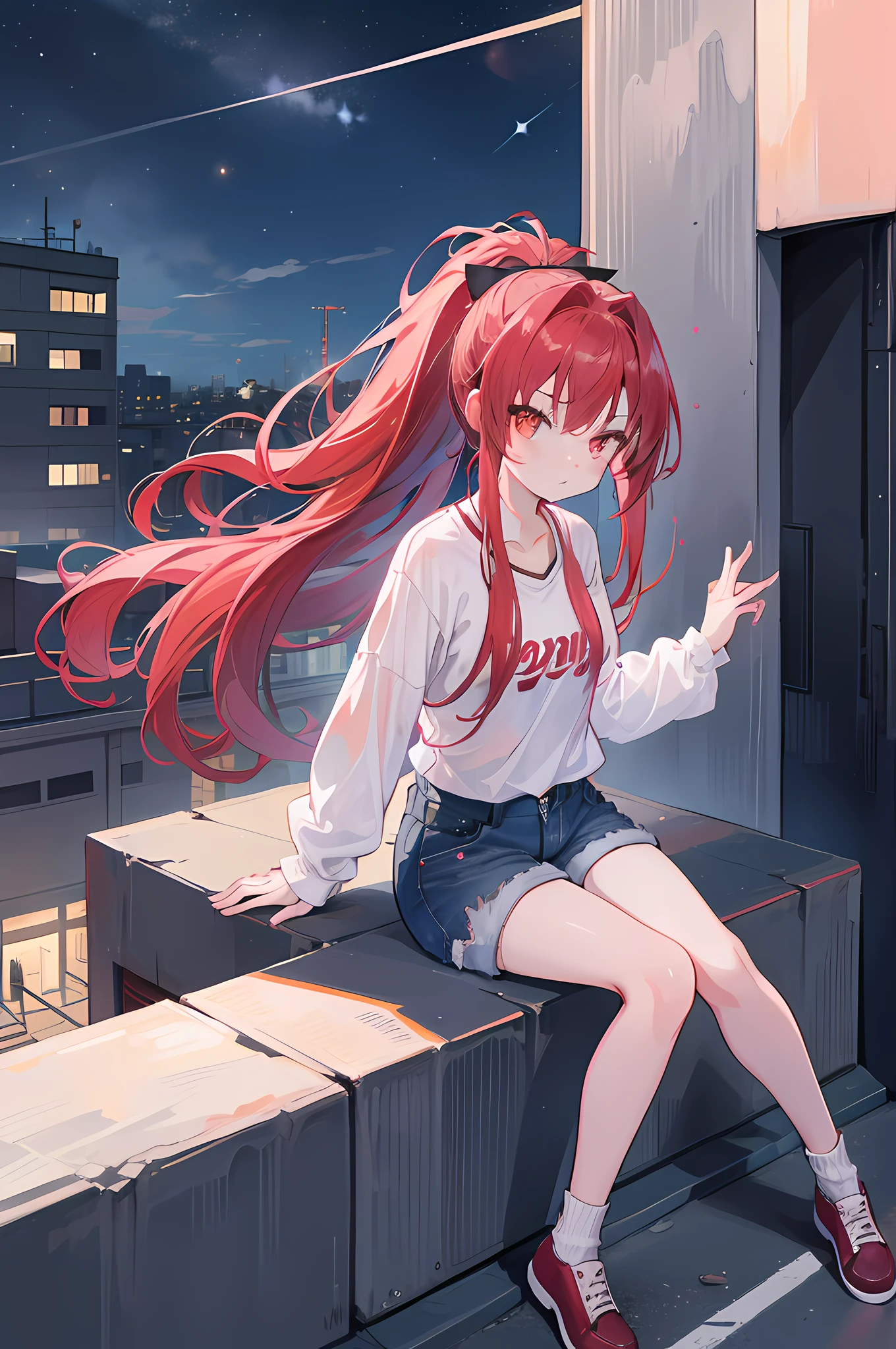 1girl, red long hair, ponytail, denim shorts, sitting on a building edge, high res, 8k, looking at viewer, ultrasharp, absurdes, masterpiece, night city, starry sky