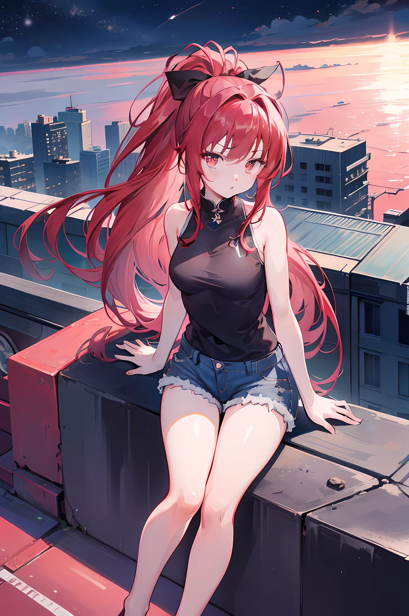 1girl, red long hair, ponytail, denim shorts, sitting on a building edge, high res, 8k, looking at viewer, ultrasharp, absurdes, masterpiece, night city, starry sky