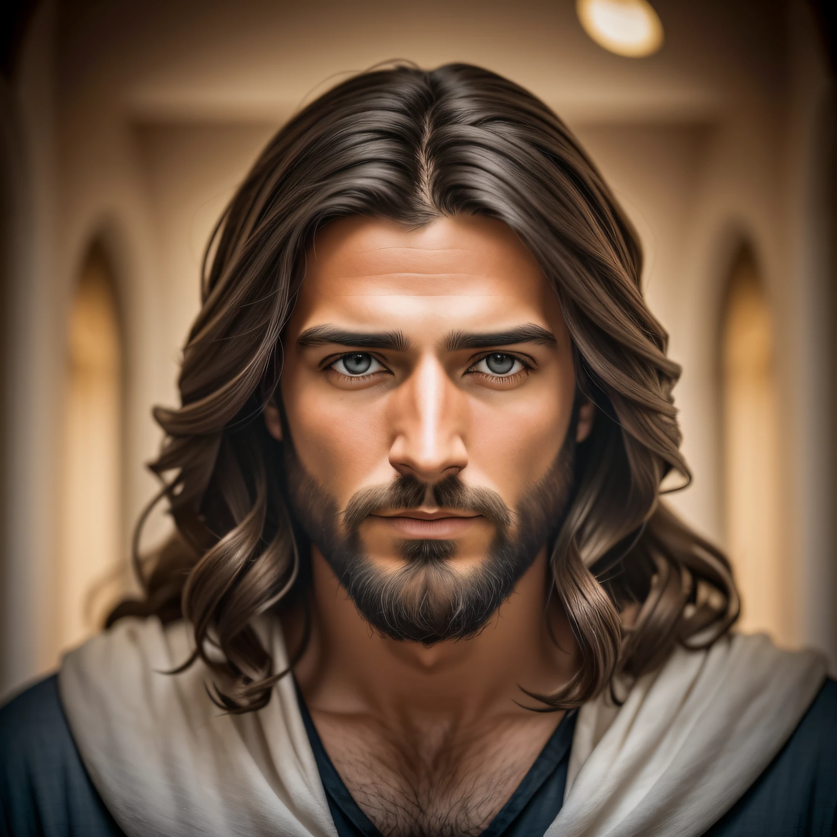 retrato, realista, Jesus Cristo, Jesus Christ of Nazareth, alto detalhe, Realismo social, surrealismo, profundidade de campo, cinematic lighthing, Foto RAW, fotografia, obra-prima, extremamente complexa, Foto Fotorrealista, hiperdetalhado, cinemactic, luzes quentes, dramatic light, epic realistic, Soft cinematic portrait, Adobe Lightroom, photographic lab, altamente detalhado, melhor qualidade, olhos cor de mel, masculine traits, rosto enquadrado na imagem, white tunic