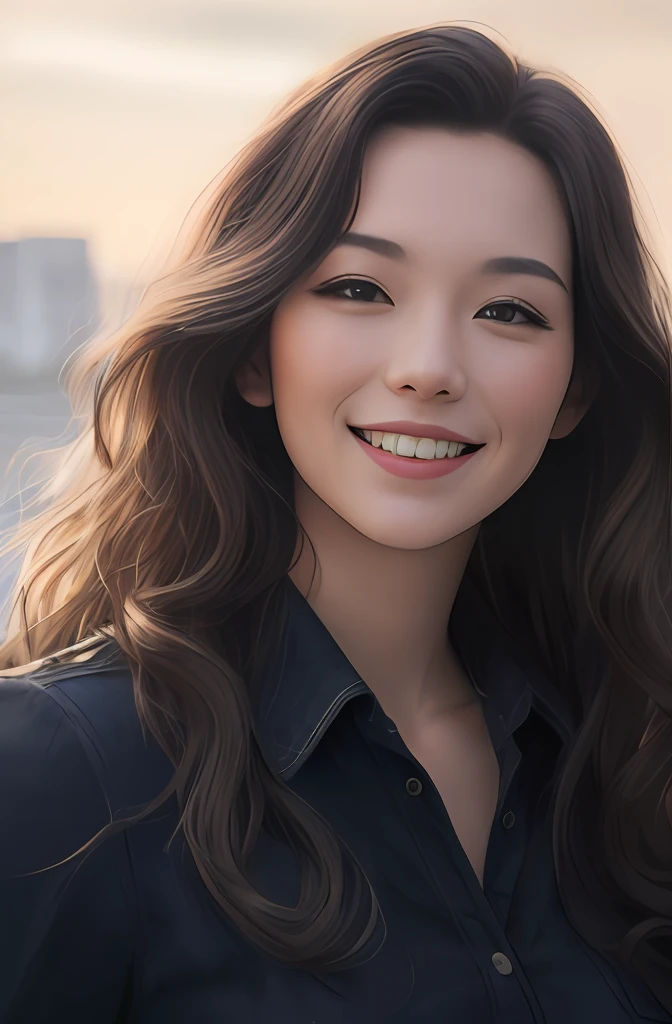 (8k, best quality, masterpiece:1.2), (realistic, photogenic, headshot photo), Asian female (long wavy hair length, black hair), smiling, gorgeous looking, beautiful