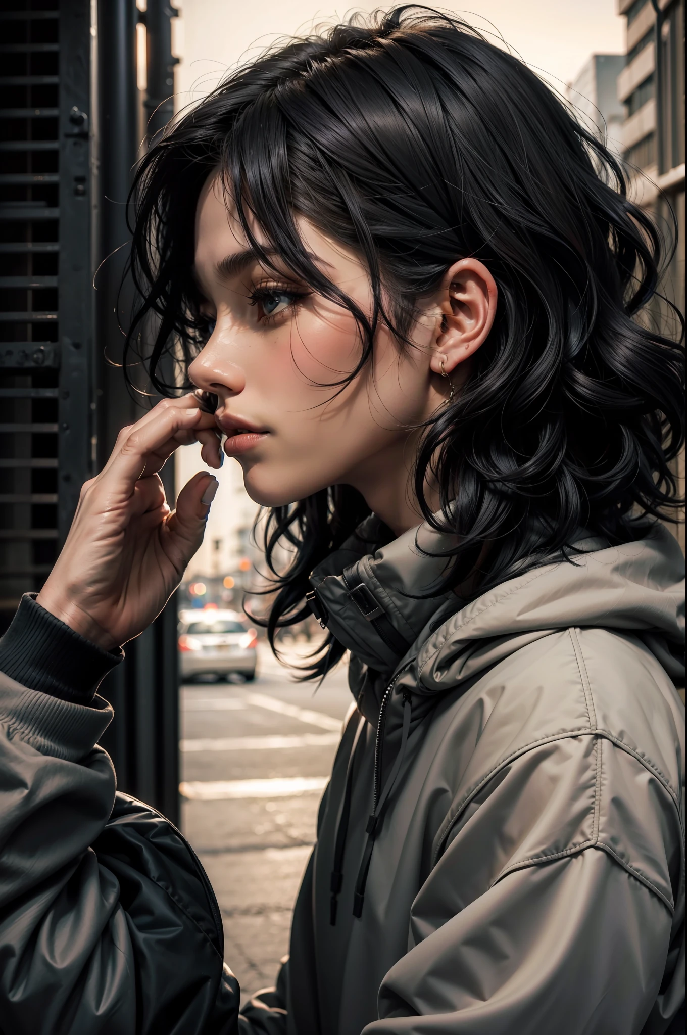 One in profile taking a call, short black wavy hair, with a sweatshirt, masculine, man