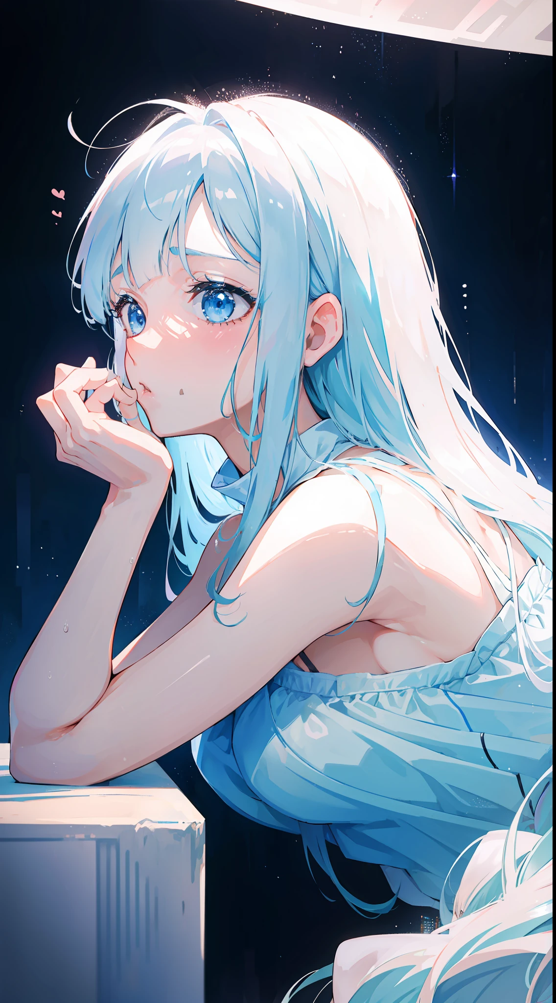 masterpiece, 1girl, (deepthroat),fellatio, blowjob,shy, penis,from side, 1boy, cute, embarassed, femine, delicate,gorgeous, night, cozy, intimate BREAK miwakasumi, light_blue_hair,blunt bangs, long hair,