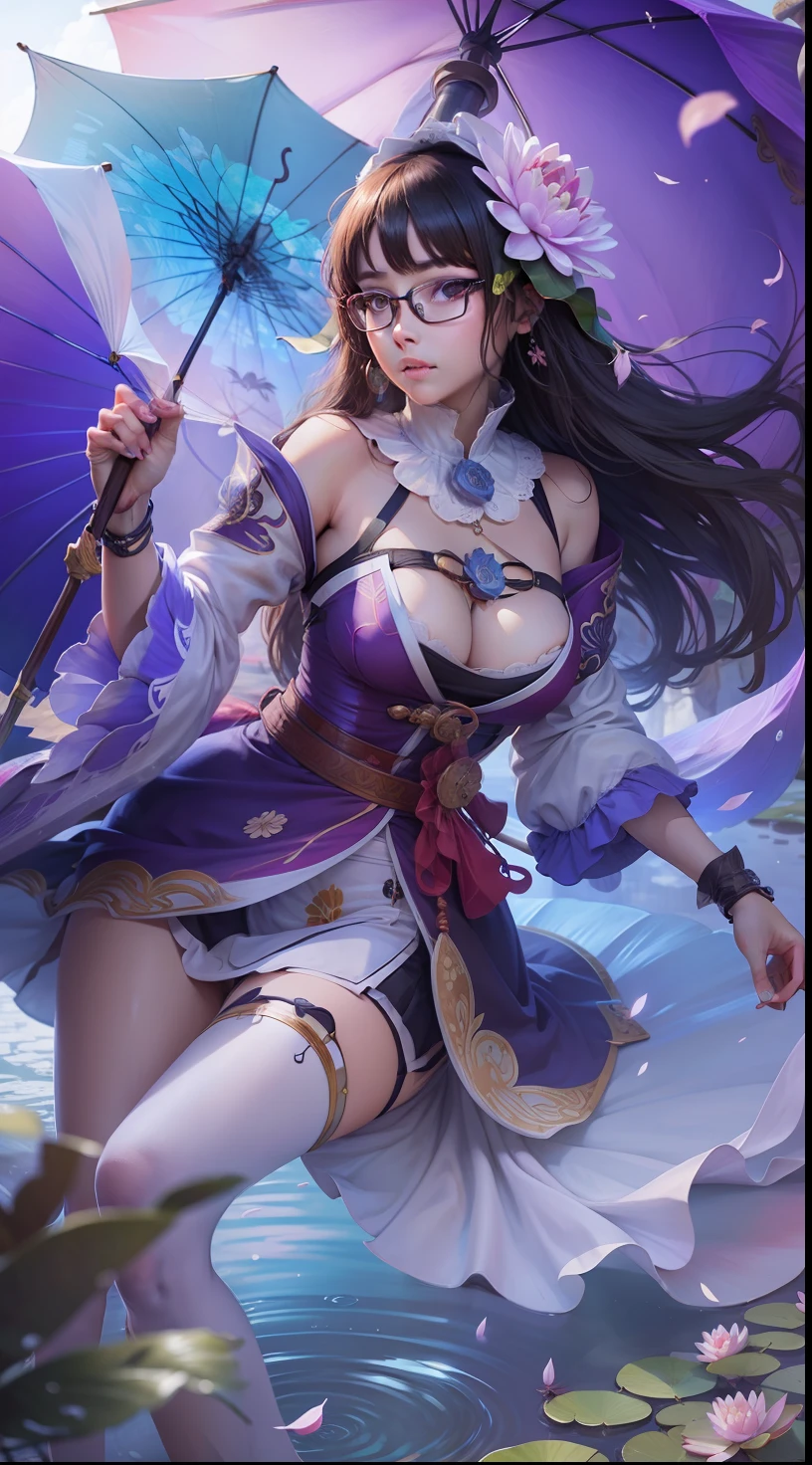 Kagura water lily, human face, wearing glasses, 1 girl, realistic, ultra detail, umbrella