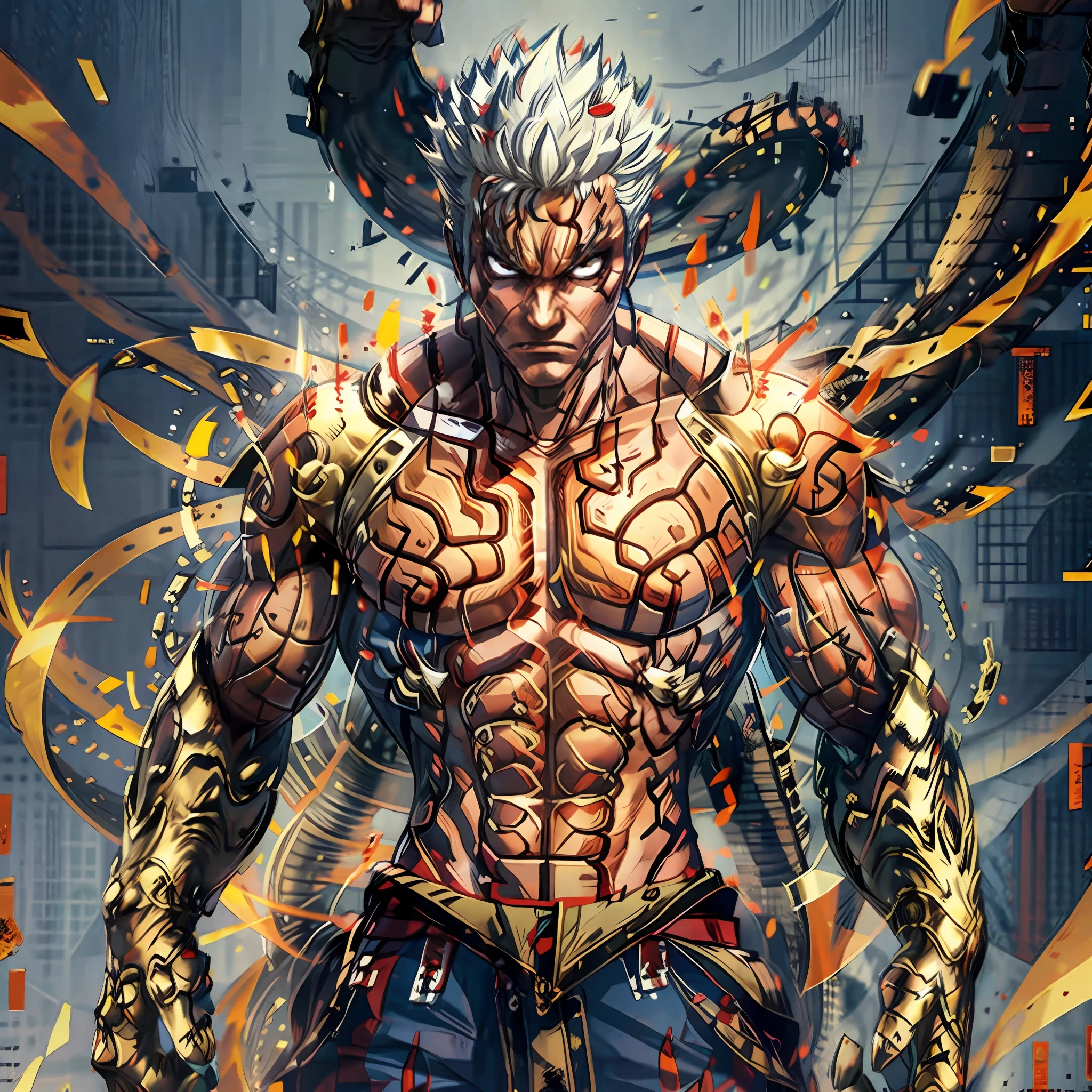 (Full Body, 1boy, solo), Anime, Asura, white hair, short spiky hair, red Aura, destroyed ground, red outlines on the body, perfect hands, close up shot, muscular athletic body, serious face, mantra, highest quality digital art, Stunning art, wallpaper 4k, 8k, 64k, HD, unparalleled masterpiece, dynamic lighting, cinematic, epic