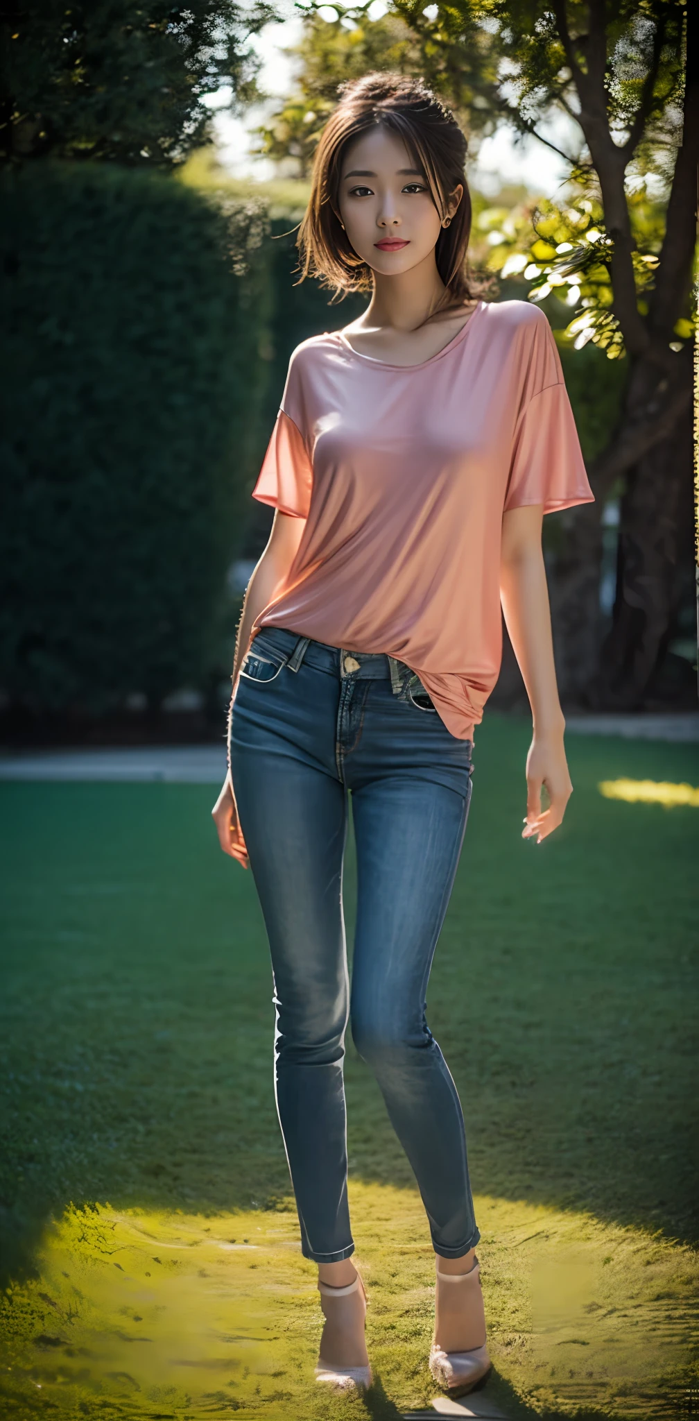 1 beautiful woman taking pictures on the grass of the villa，RAW photos，tmasterpiece，（highdetailskin：1.2），8k ultra high definition，digital SLR camera，gentlesoftlighting，high high quality，filmgrain，富士XT3，20 years old Asian woman，Wear simple clothes，T-shirt and skinny jeans，Detailed clothing details:1.3，perfect body figure，Perfect breasts and nipple bulge，The legs are straight and slender，Branded stylish shoes:0.6，Super detailed facial details and skin，Fair pink face and skin，The skin is pink，with light glowing，二重まぶた，Super detailed eyes，(Gloss on lips, eyeslashes, Glossy face, Best quality, Super high resolution, warm color，Wide lighting, naturalshadow), Sexy, Full body shooting: 1.8